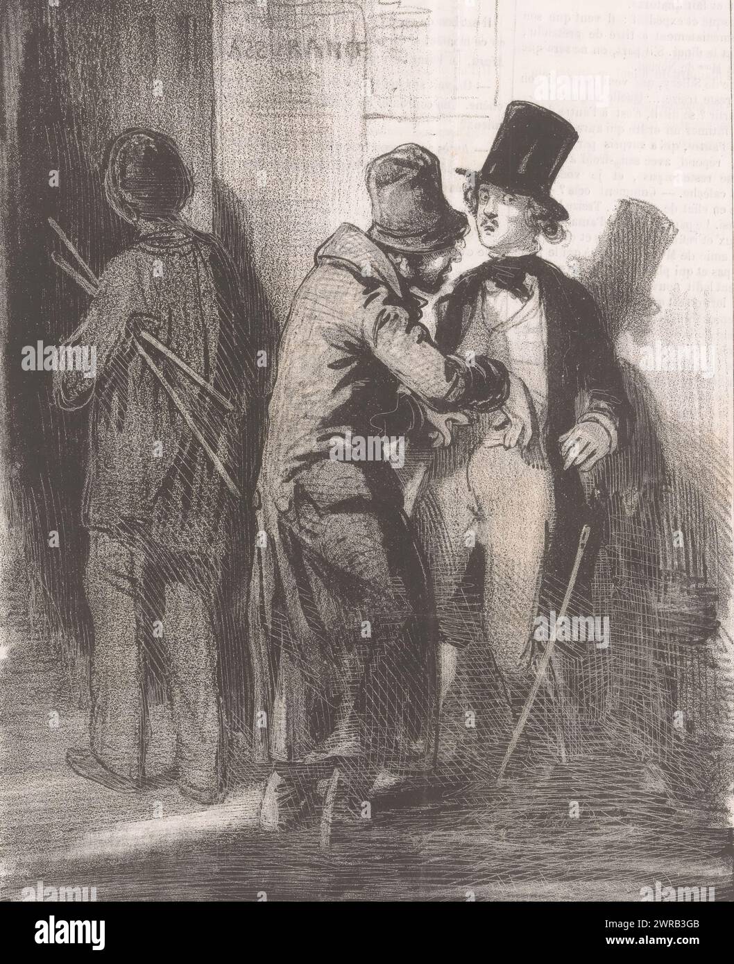 Man is searched on the street by a thief, N'y a pas gras! (title on object), Nightlife in Paris (series title), Paris le soir (series title on object), print maker: Paul Gavarni, printer: Aubert & Cie., publisher: Bauger, Paris, 1840, paper, height 362 mm × width 236 mm, print Stock Photo