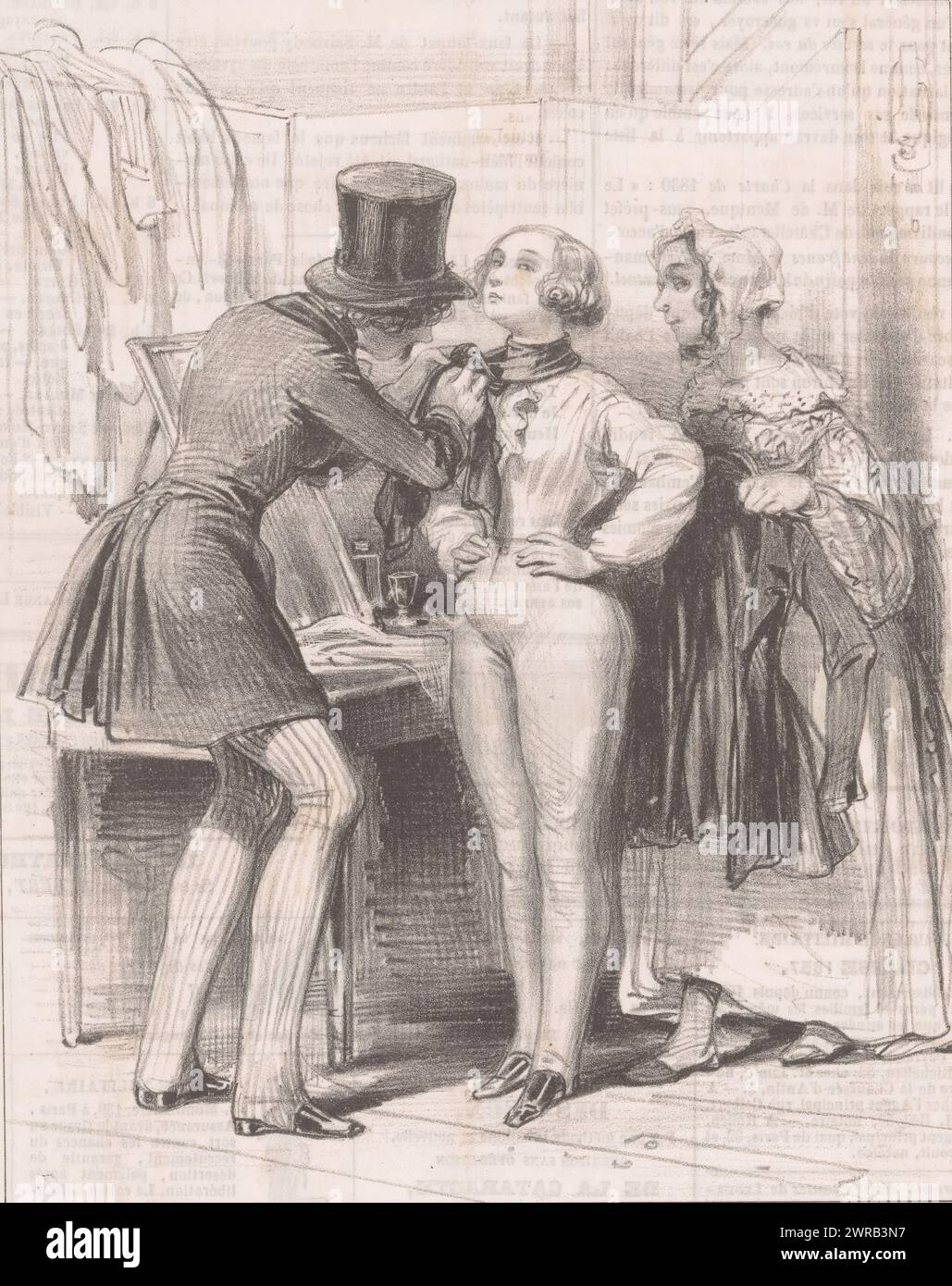 Actress gets dressed for her performance, Alfred ma p'tite Minette, dépêche-toi! (...) (title on object), Les coulisses (series title), Behind the scenes (series title on object), print maker: Paul Gavarni, printer: Aubert & Cie., publisher: Aubert & Cie., Paris, 1838, paper, height 334 mm × width 239 mm, print Stock Photo