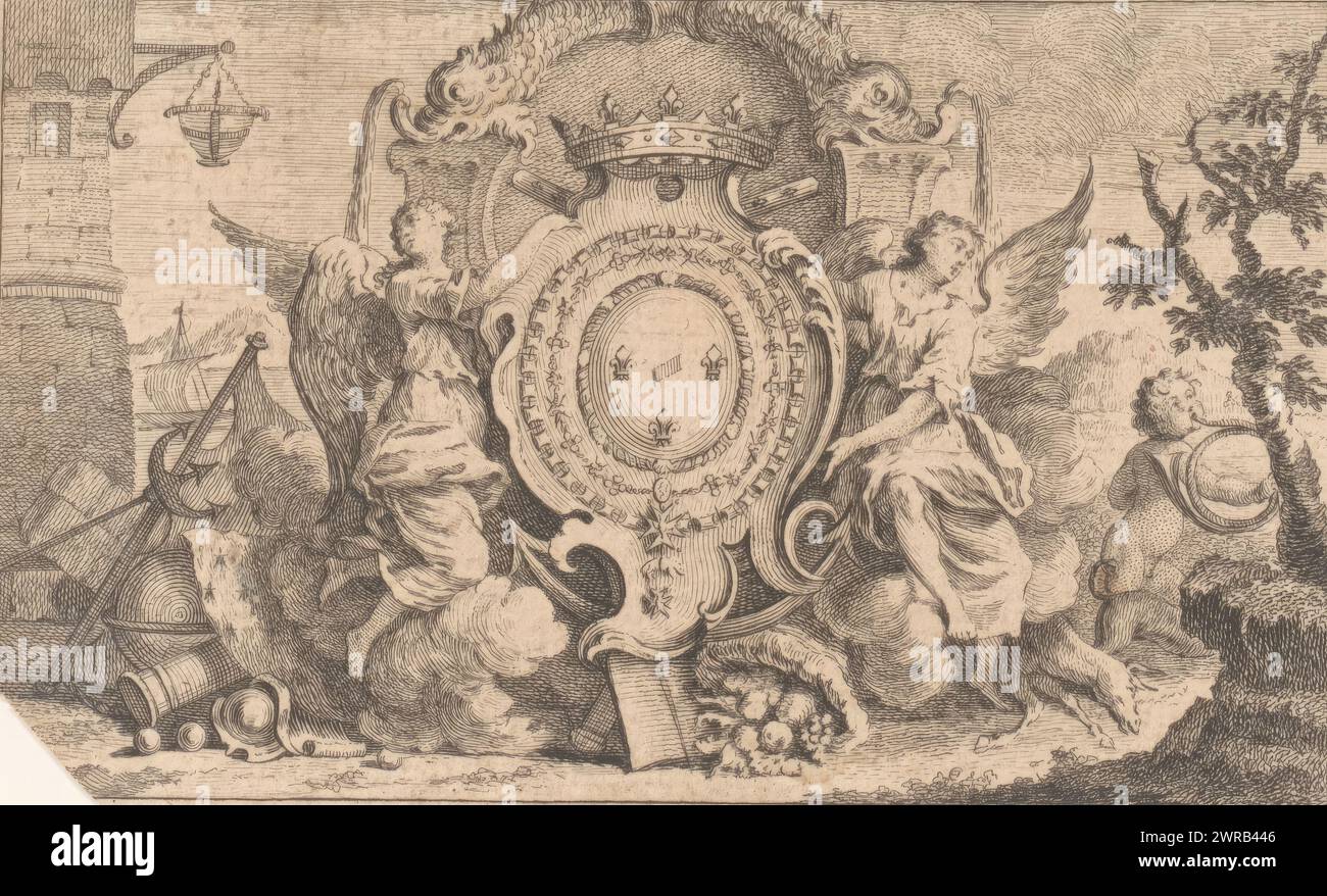 Allegorical representation with the coat of arms of the French crown, Two angels flank a coat of arms. To their right a putto blows a horn. On the ground, next to a cornucopia, are objects that refer to literature, hunting, seafaring and warfare. At the top a fountain in the shape of two dragon heads from which water spouts., print maker: Pierre Alexandre Aveline, France, 1712 - 1760, paper, etching, height 79 mm × width 128 mm, print Stock Photo