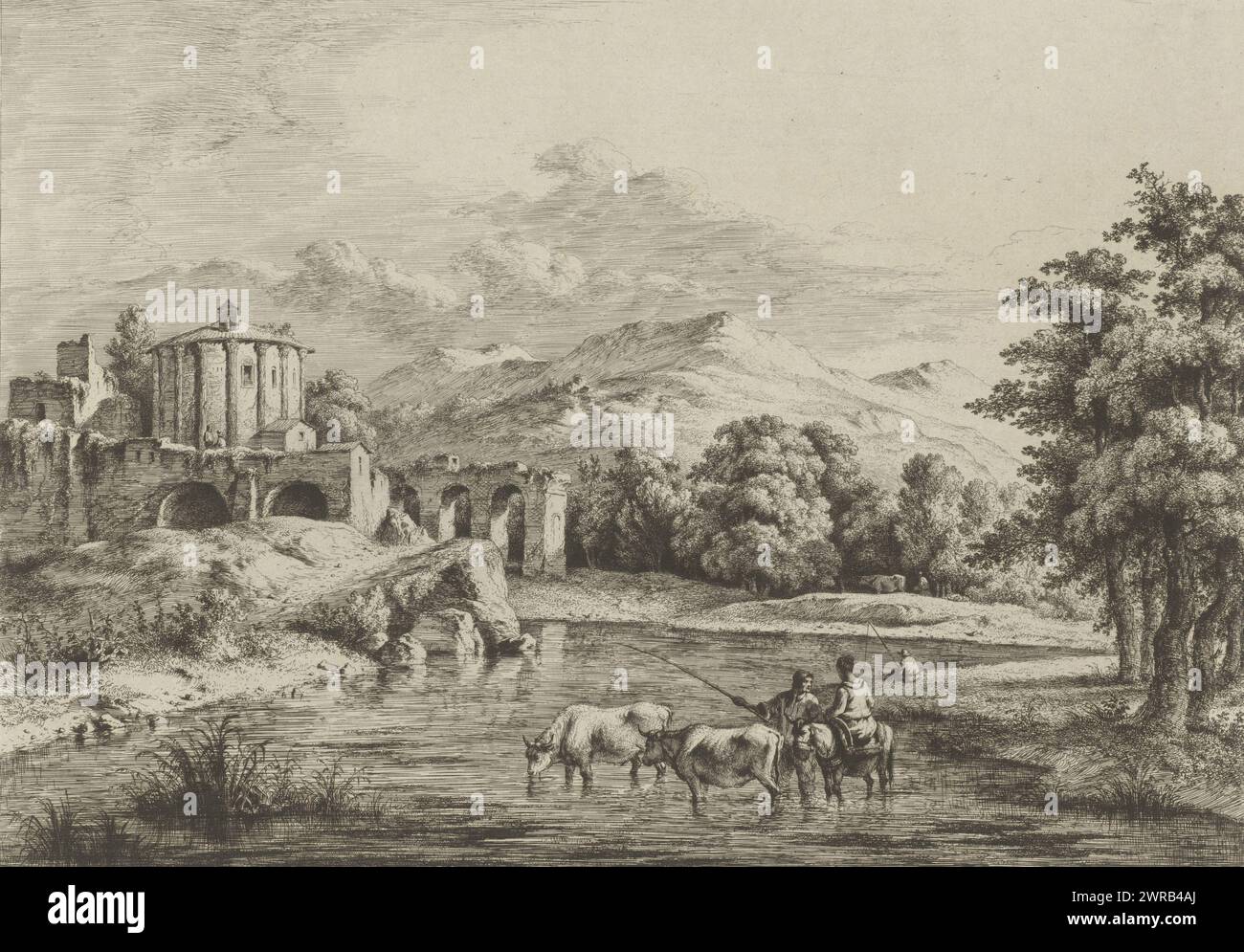Landscape with the Temple of Vesta, print maker: Jean Jacques de Boissieu, France, 1774, paper, etching, height 294 mm × width 379 mm, print Stock Photo