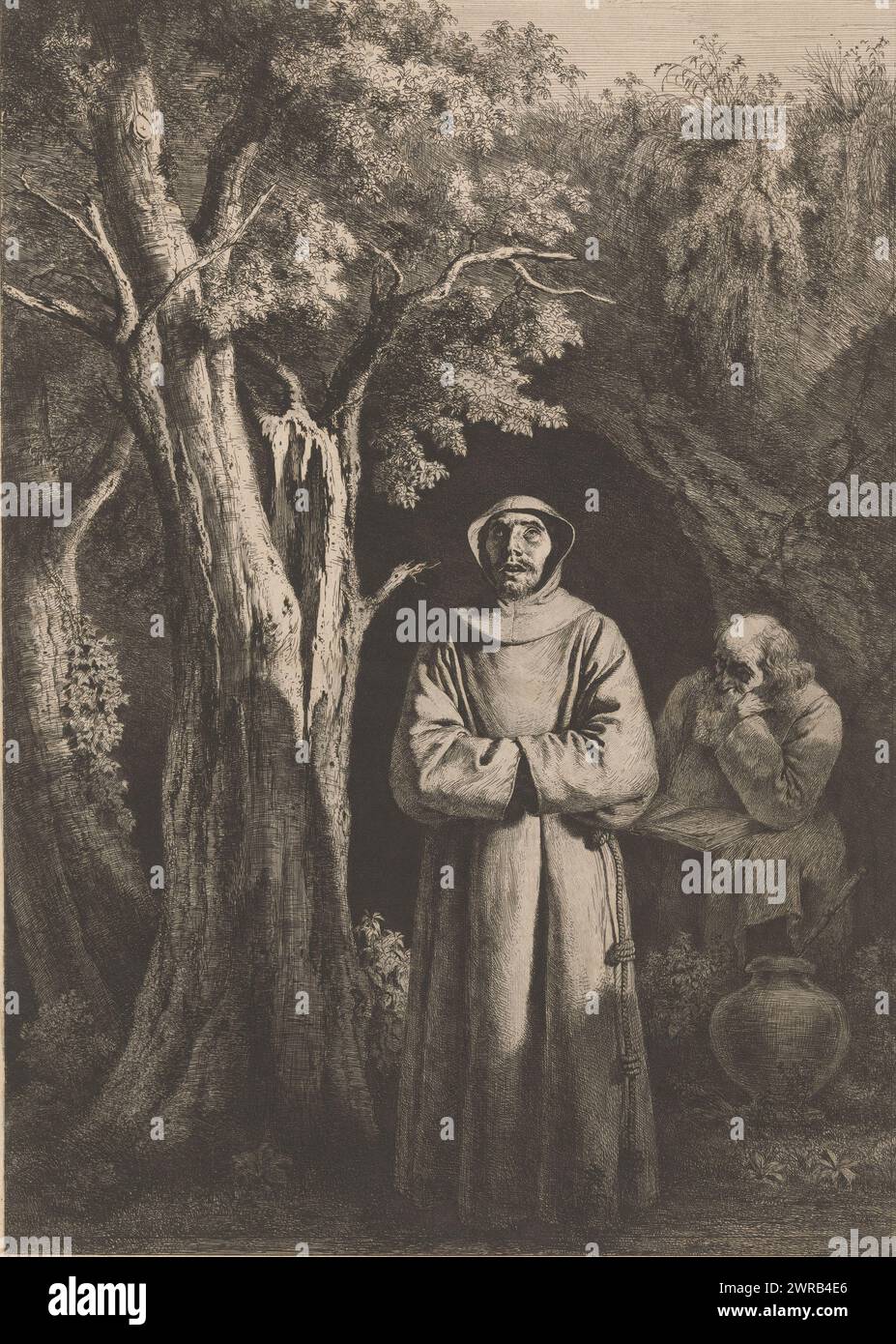 Two Franciscan monks in front of a cave, Les Pères du Désert (title on object), print maker: Jean Jacques de Boissieu, France, 1797, paper, etching, drypoint, height 491 mm × width 349 mm, print Stock Photo