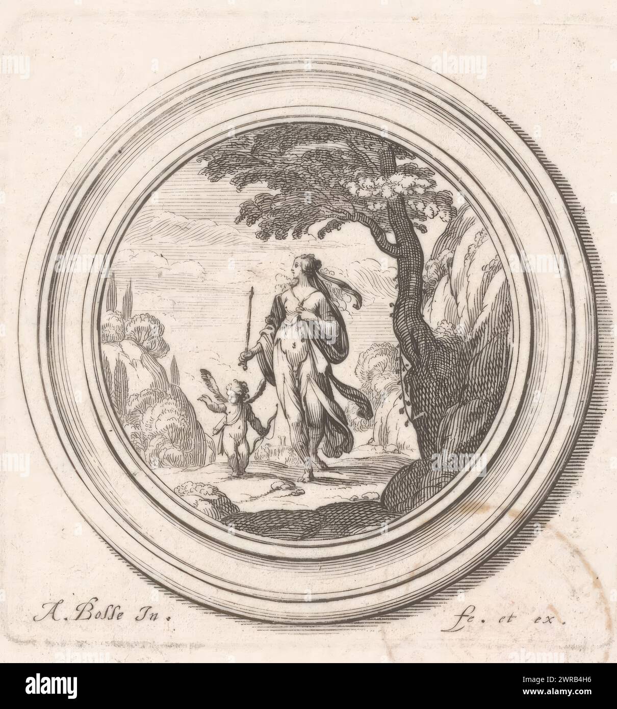 Venus and Amor in a landscape, print maker: Abraham Bosse, after own design by: Abraham Bosse, publisher: Abraham Bosse, 1612 - 1676, paper, etching, engraving, height 71 mm × width 71 mm, print Stock Photo