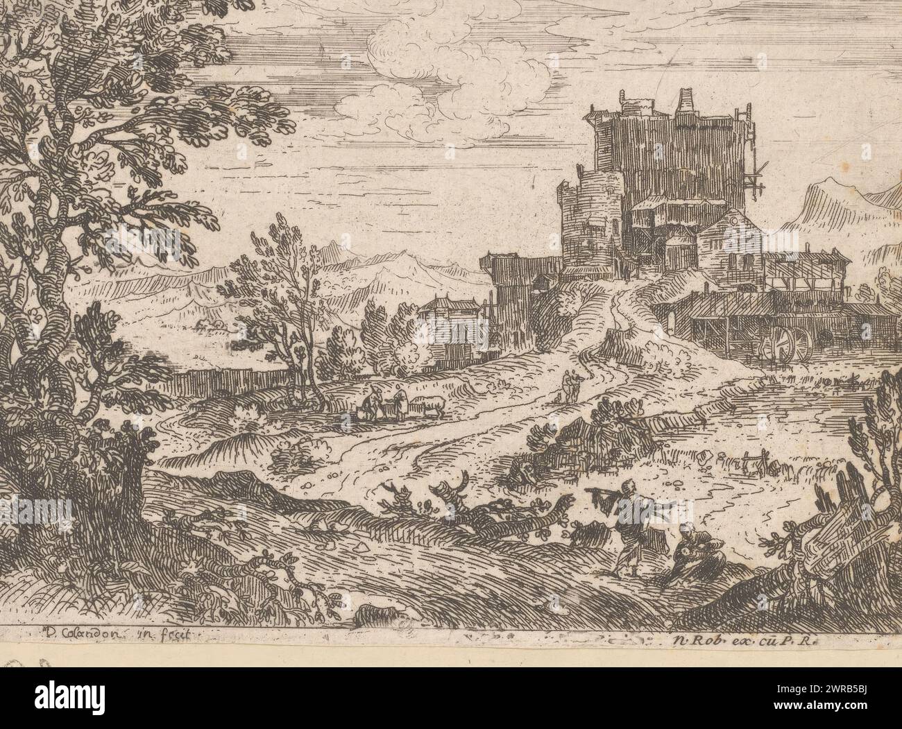 Landscape with family, print maker: Denis Colandon, publisher: N. Robert, Lodewijk XIV (koning van Frankrijk), France, 1669 - 1679, paper, etching, height 119 mm × width 167 mm, print Stock Photo