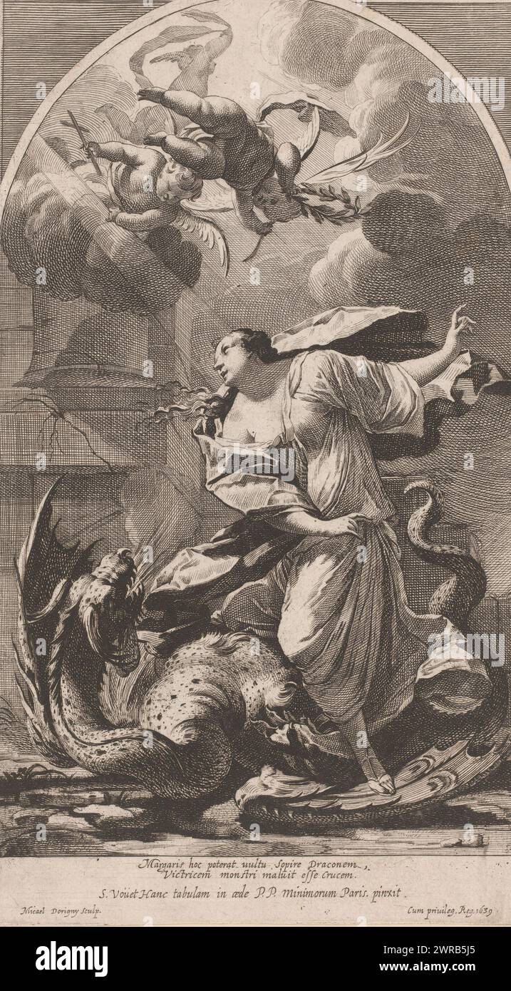 Margaret of Antioch slays the dragon, print maker: Michel Dorigny, after painting by: Simon Vouet, Lodewijk XIII (koning van Frankrijk), print maker: France, after painting by: Paris, 1639, paper, engraving, etching, height 342 mm × width 191 mm, print Stock Photo