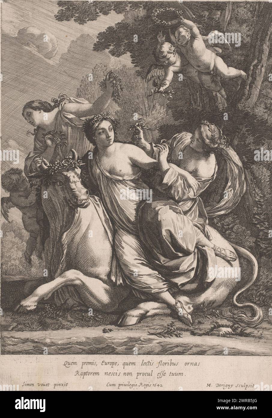 Kidnapping of Europe, print maker: Michel Dorigny, after painting by: Simon Vouet, Lodewijk XIII (koning van Frankrijk), France, 1642, paper, engraving, etching, height 345 mm × width 247 mm, print Stock Photo