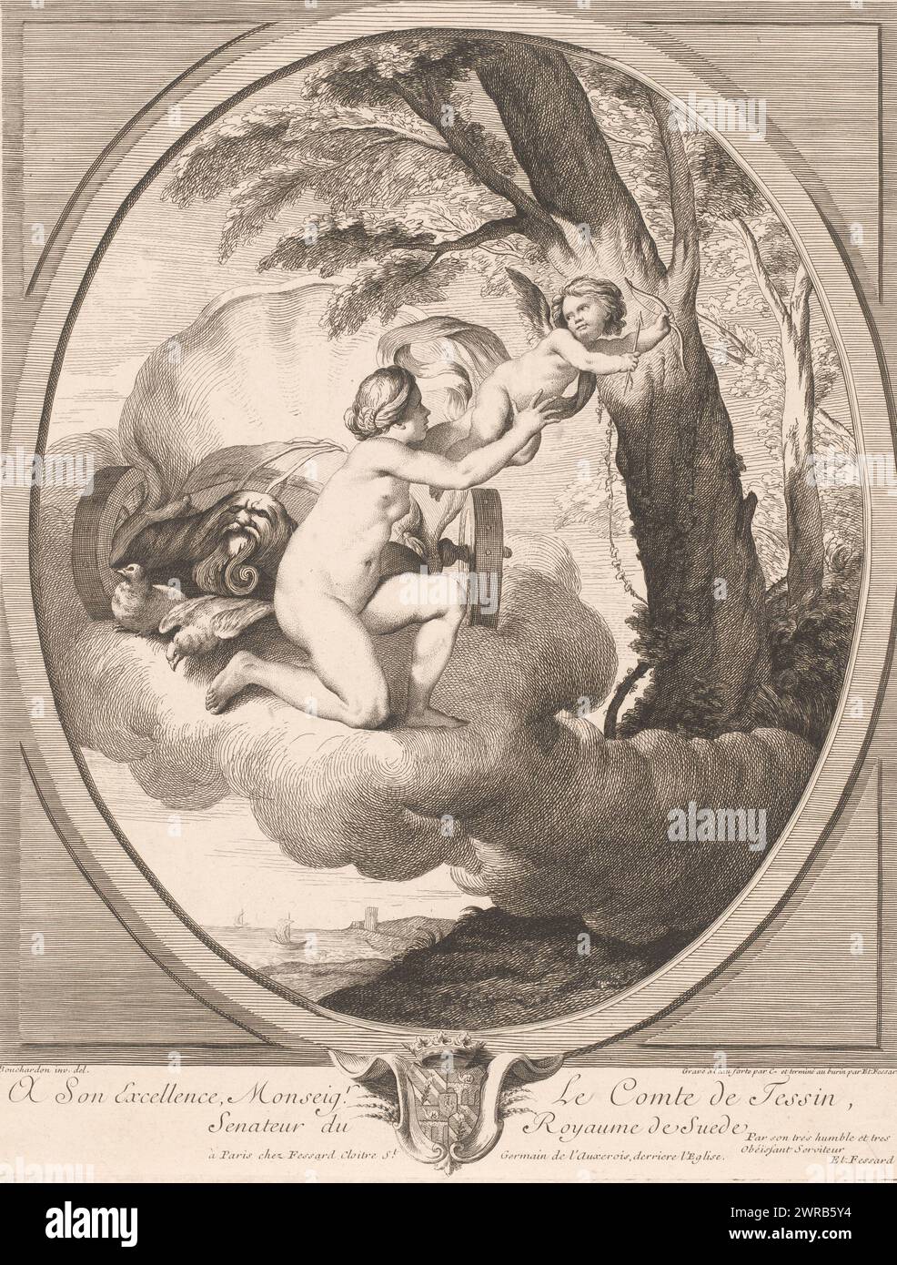 Venus protects Amor from the hunt, print maker: Etienne Fessard, print maker: Anne Claude Philippe Caylus, after drawing by: Bouchardon, print maker: France, print maker: France, publisher: Paris, 1724 - 1777, paper, etching, engraving, height 334 mm × width 265 mm, print Stock Photo