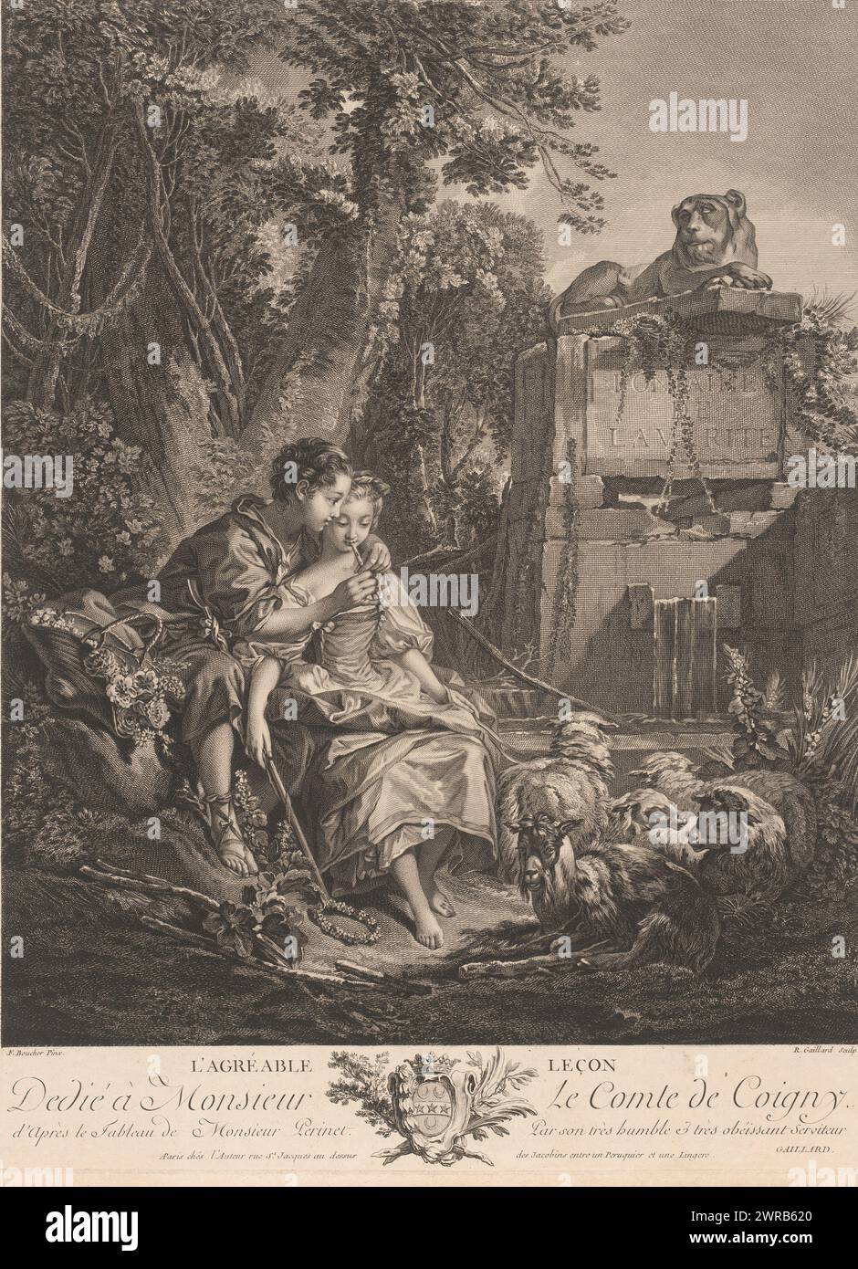 Shepherd teaches shepherdess to play the flute, L'Agréable Leçon (title on object), print maker: René Gaillard, after painting by: François Boucher, publisher: René Gaillard, print maker: Paris, publisher: Paris, Paris, France, in or before 1758, paper, engraving, etching, height 499 mm × width 380 mm, print Stock Photo