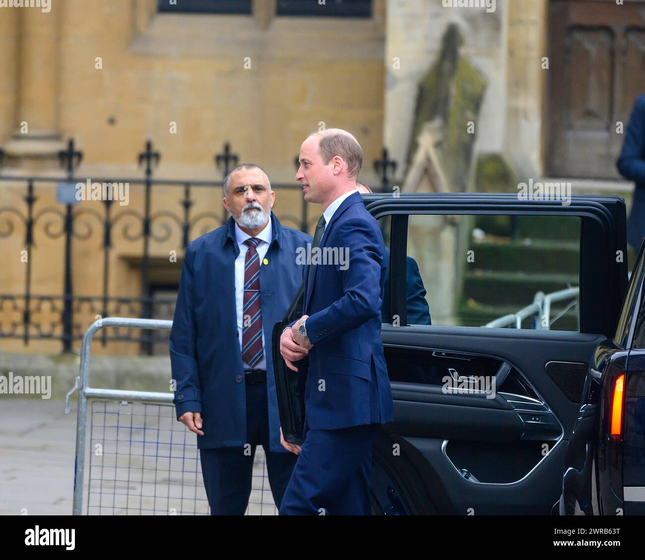 HRH William, Prince of Wales arrives at Westminster Abbey for the service on Commonwealth Day amidst anti-monarchy protests.  11th March, 2024 Stock Photo
