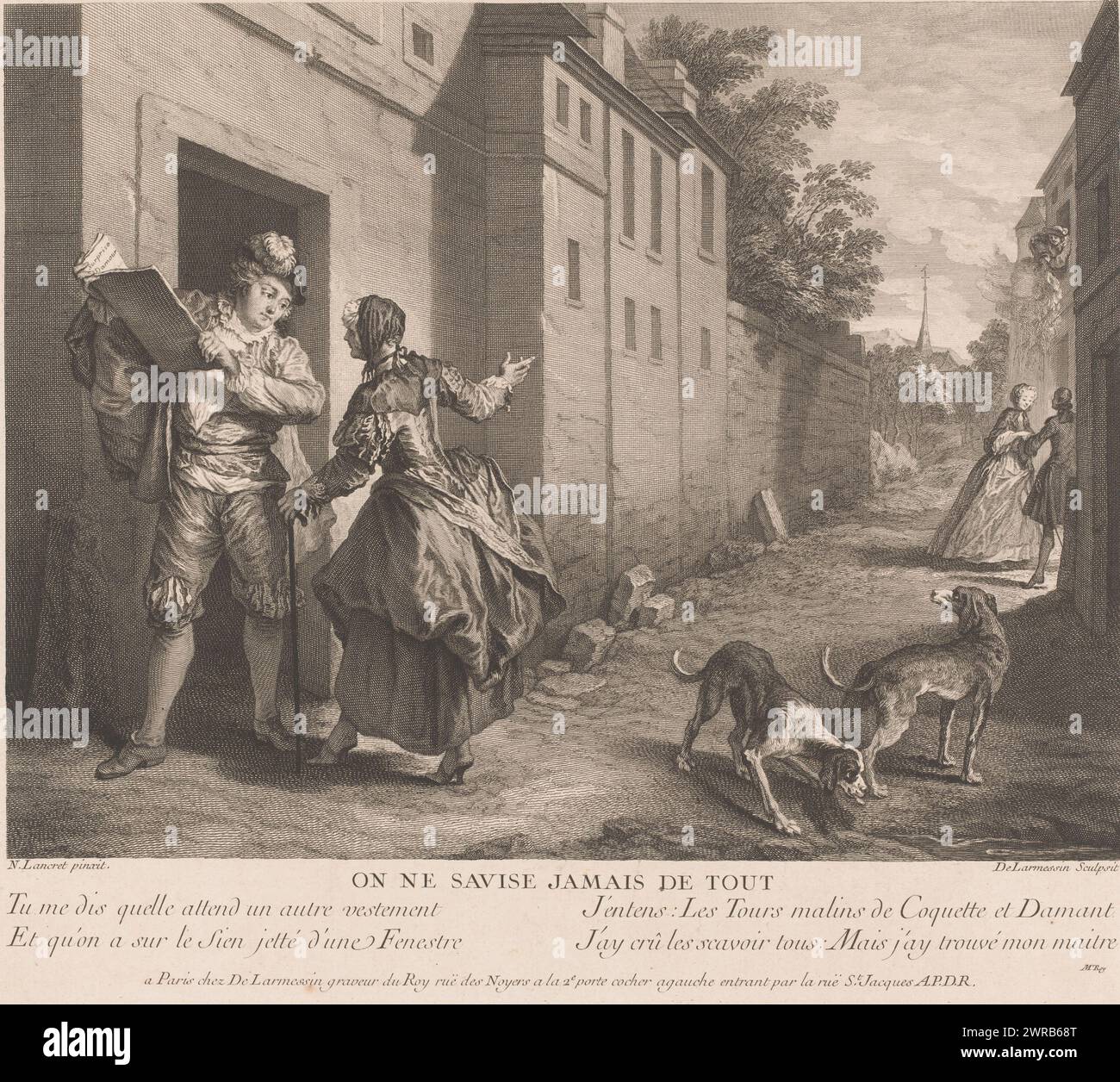 Street view with man with book, On ne savise jamais de tout (title on object), Fables by Jean de La Fontaine (series title), Suite d'Estampes Nouvelles pour les Contes de La Fontaine (series title), Elegantly dressed man with a open book is warned by an old woman. She gestures to a figure further along who is emptying his waste bin out the window onto the street., print maker: Nicolas de Larmessin (III), after painting by: Nicolas Lancret, M. Roy, publisher: Paris, France, 1736 - 1738, paper, etching, engraving, height 326 mm × width 370 mm Stock Photo