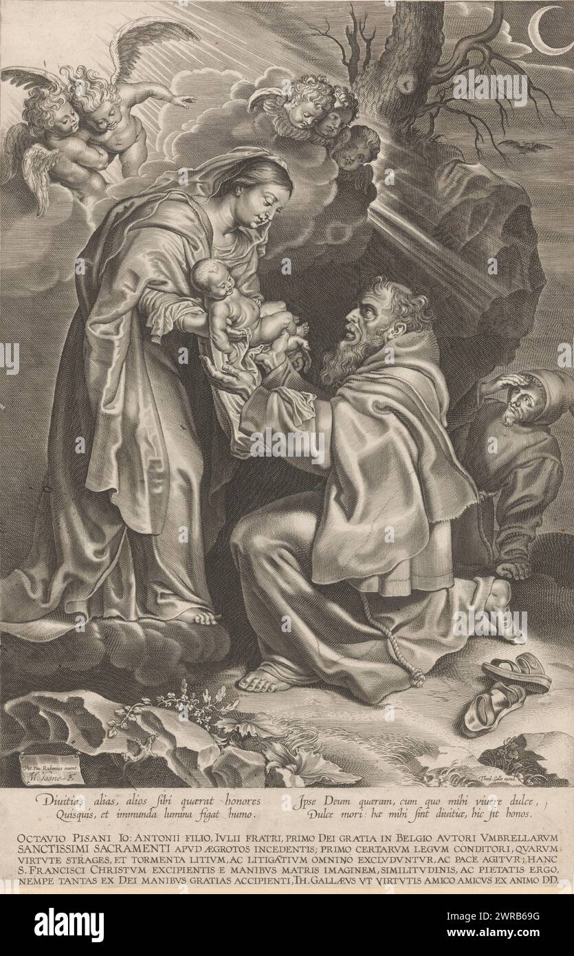 Mary hands the Christ Child to Francis, print maker: Michel Lasne, after design by: Peter Paul Rubens, publisher: Theodoor Galle, 1600 - 1633, paper, engraving, height 458 mm × width 299 mm, print Stock Photo
