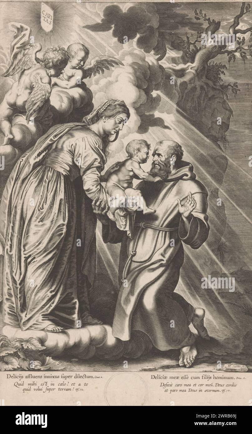 Mary hands the Christ Child to Saint Francis of Paola, print maker: Michel Lasne, after design by: Peter Paul Rubens, 1600 - 1667, paper, engraving, height 361 mm × width 223 mm, print Stock Photo