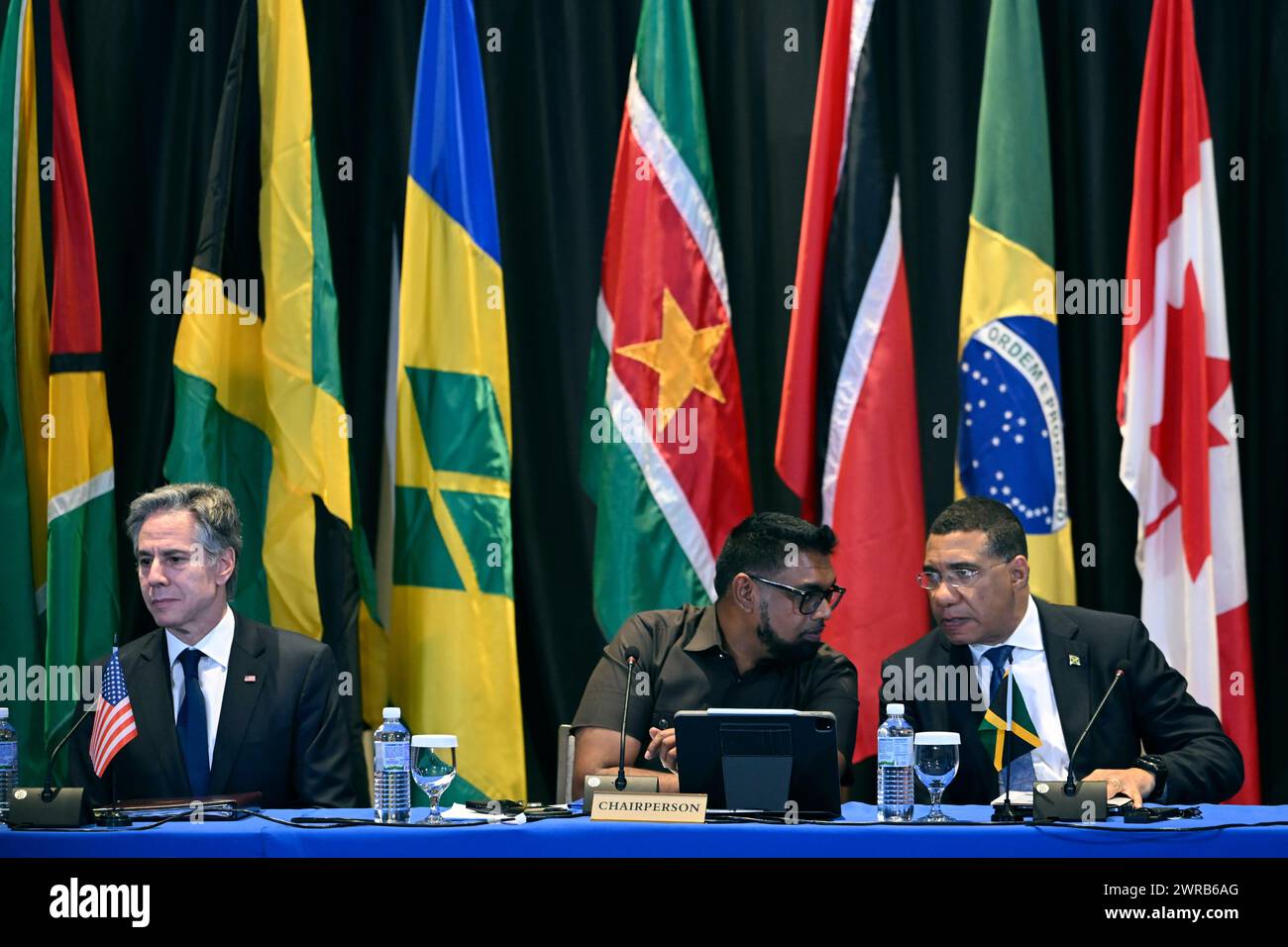 From left, U.S. Secretary of State Antony Blinken, Guyana's President ...