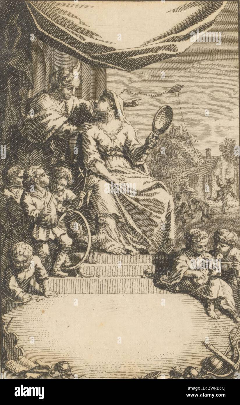 Title print with a woman with a mirror in her hand and children playing at her feet, print maker: Jan Luyken, 1659 - 1712, paper, etching, print Stock Photo