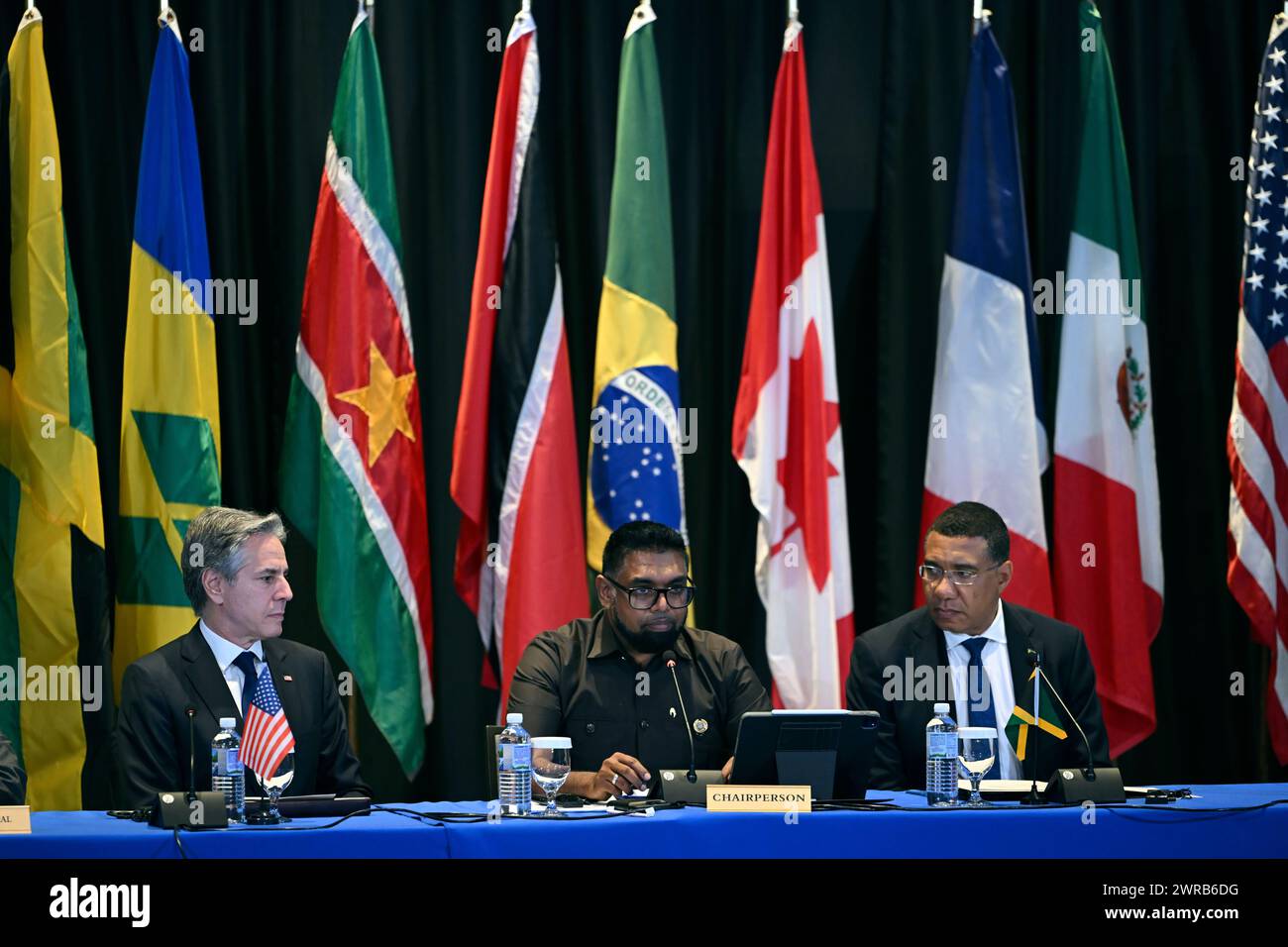 From left, U.S. Secretary of State Antony Blinken, Guyana's President ...