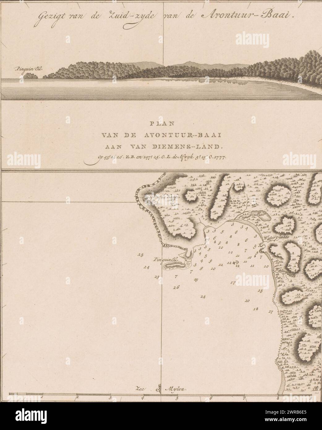 Map of and view of the coast of Tasmania, View of the south side of Adventure Bay. Plan of the Avontuur Bay at Van Diemensland (title on object), numbered top right: 31., print maker: anonymous, publisher: Abraham Honkoop (II), publisher: Johannes Allart, publisher: Leiden, publisher: Amsterdam, publisher: The Hague, 1801, paper, etching, height 260 mm × width 206 mm, print Stock Photo