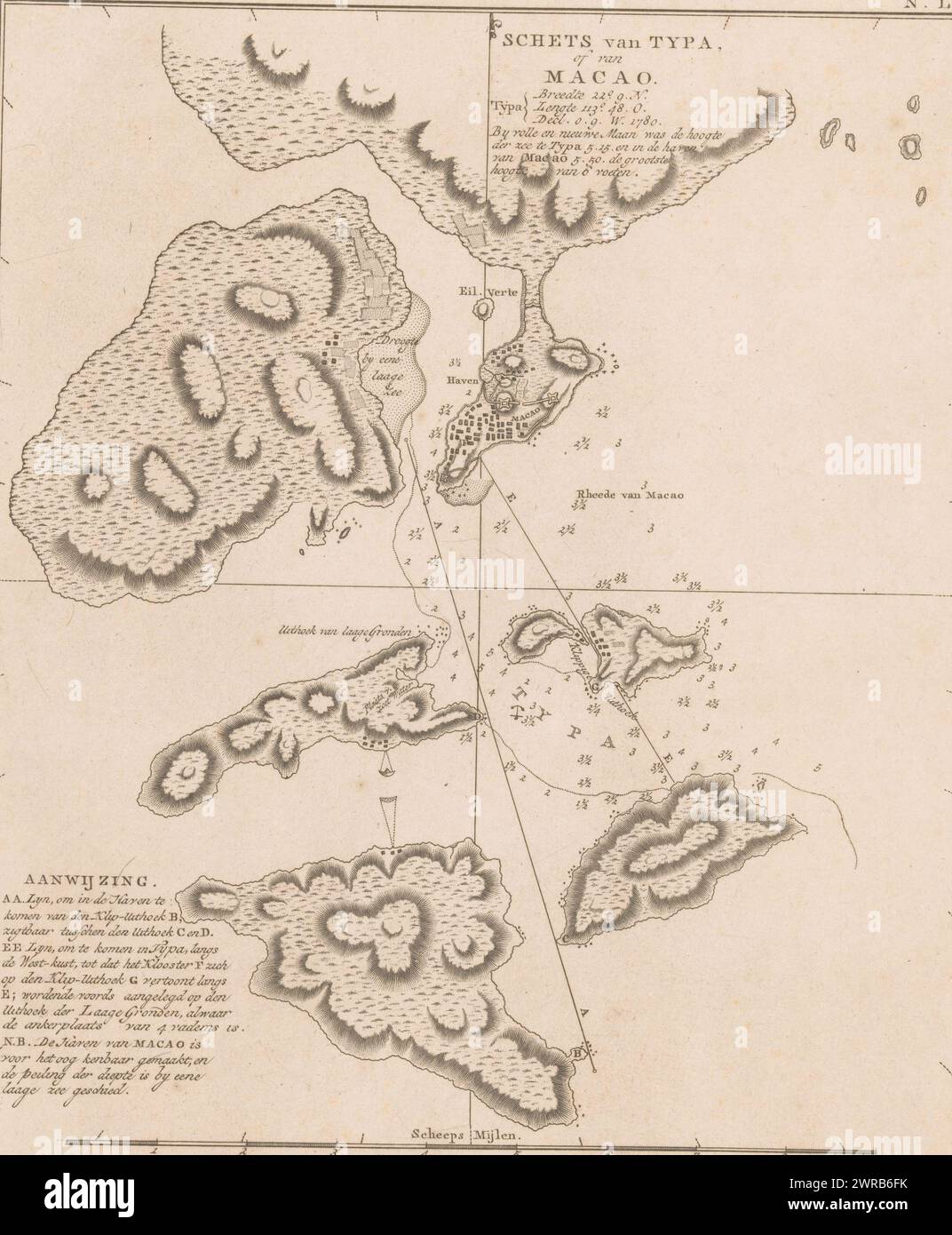 Map of Macao and surrounding islands, Sketch of Typa or of Macao (title on object), Depth measurements in the map image. A legend at the bottom left. Top right in the margin: 'No. LI**'., print maker: anonymous, after design by: William Bligh, (possibly), publisher: Abraham en Jan Honkoop, publisher: Leiden, publisher: Amsterdam, publisher: The Hague, c. 1803, paper, engraving, height 270 mm × width 227 mm, print Stock Photo