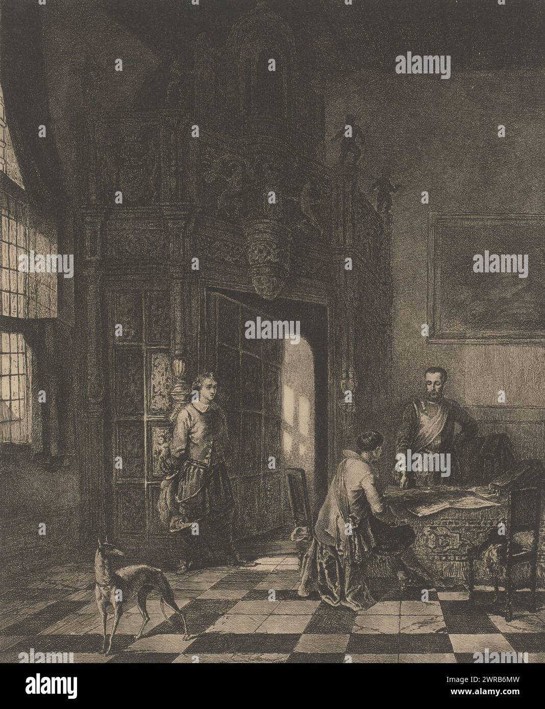 Three men and a dog in the aldermen's hall in the town hall of Oudenaarde, print maker: Guillaume Joseph Vertommen, (attributed to), after painting by: Alexandre Louis Lion, 1825 - 1863, paper, etching, height 377 mm × width 296 mm, print Stock Photo
