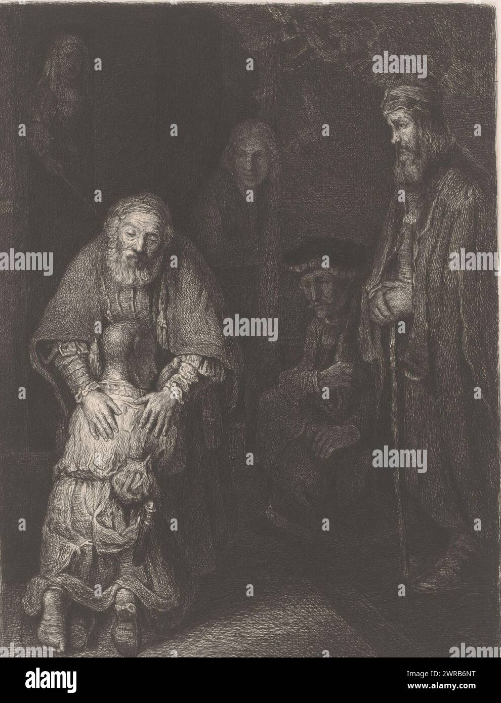 Return of the Prodigal Son, print maker: Nikolay Semyonovich Mosolov, (attributed to), after painting by: Rembrandt van Rijn, 1857 - 1914, paper, etching, drypoint, height 275 mm × width 199 mm, print Stock Photo