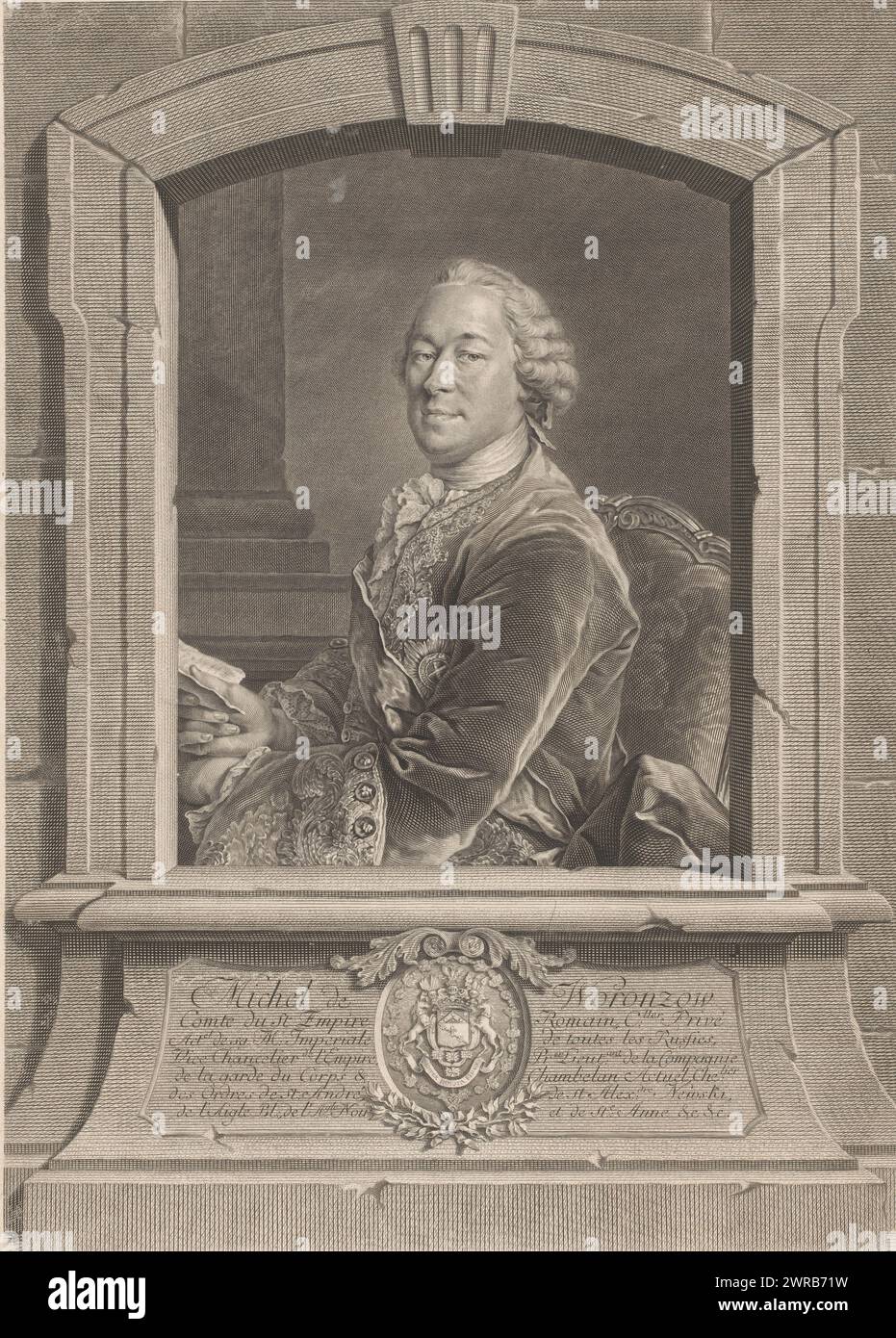 Portrait of Mikhail Illarionovich Vorontsov, print maker: Georg Friedrich Schmidt, after painting by: Louis Tocqué, Sint-Petersburg, 1758, paper, engraving, etching, height 443 mm × width 323 mm, print Stock Photo