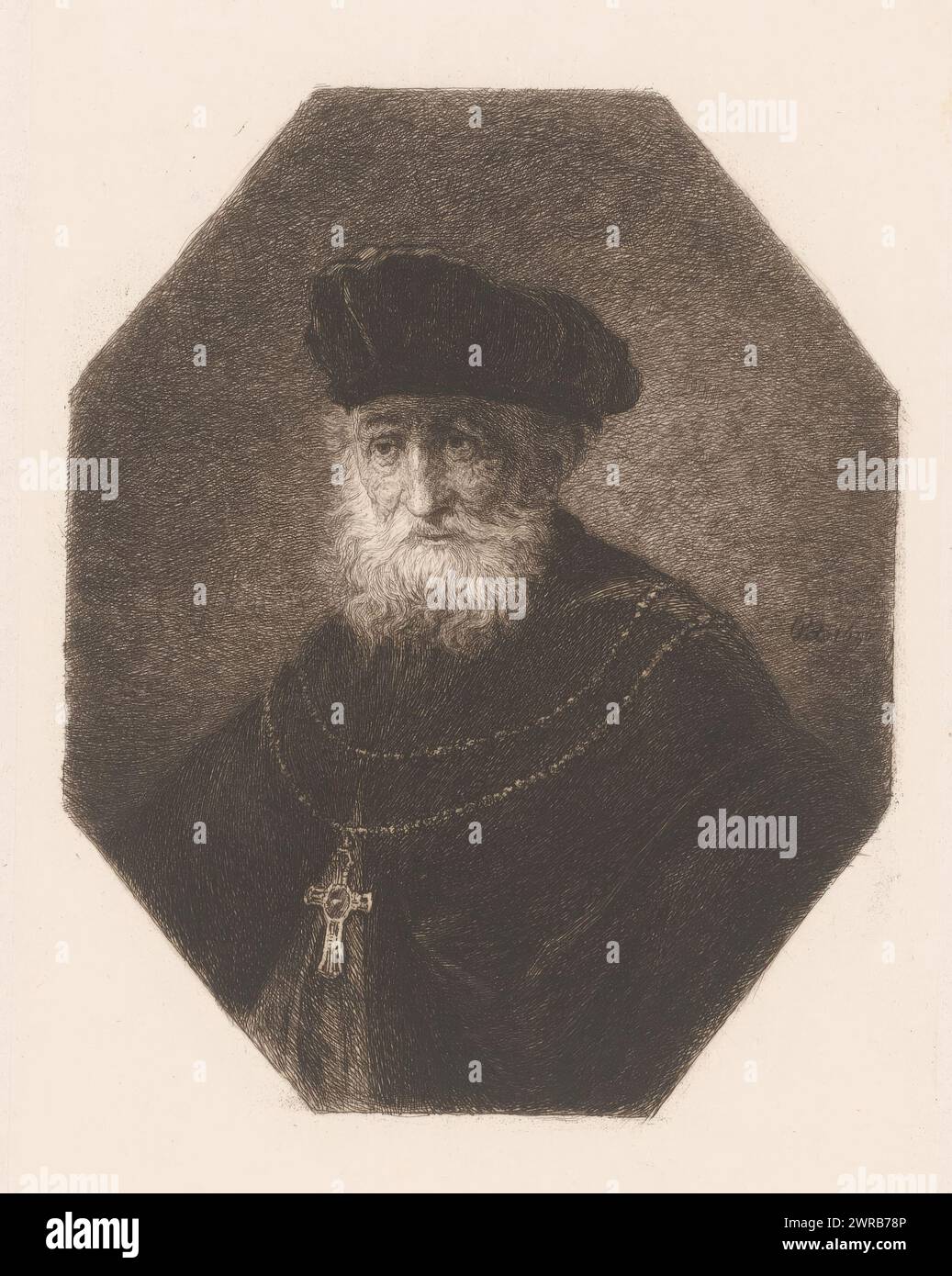 Old man wearing a beret and chain with cross, print maker: William ...