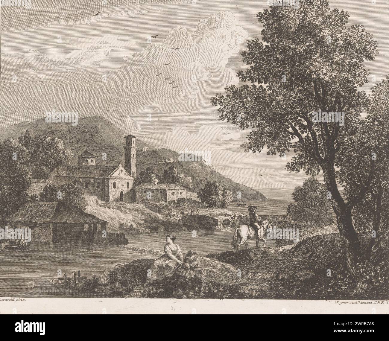 River landscape with a church, print maker: Joseph Wagner, after painting by: Francesco Zuccarelli, Senaat van Venetië, Venice, 1739 - 1780, paper, etching, engraving, height 249 mm × width 311 mm, print Stock Photo