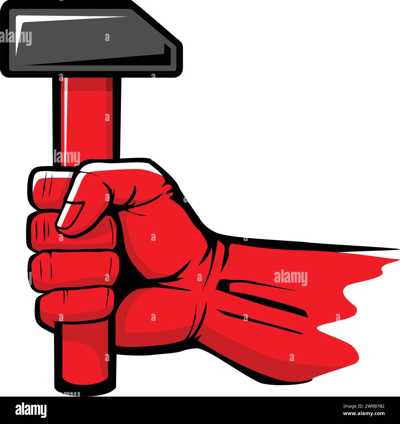 Red hand hold hammer. Template for Labour day, May worker holiday. Vector on transparent background Stock Vector