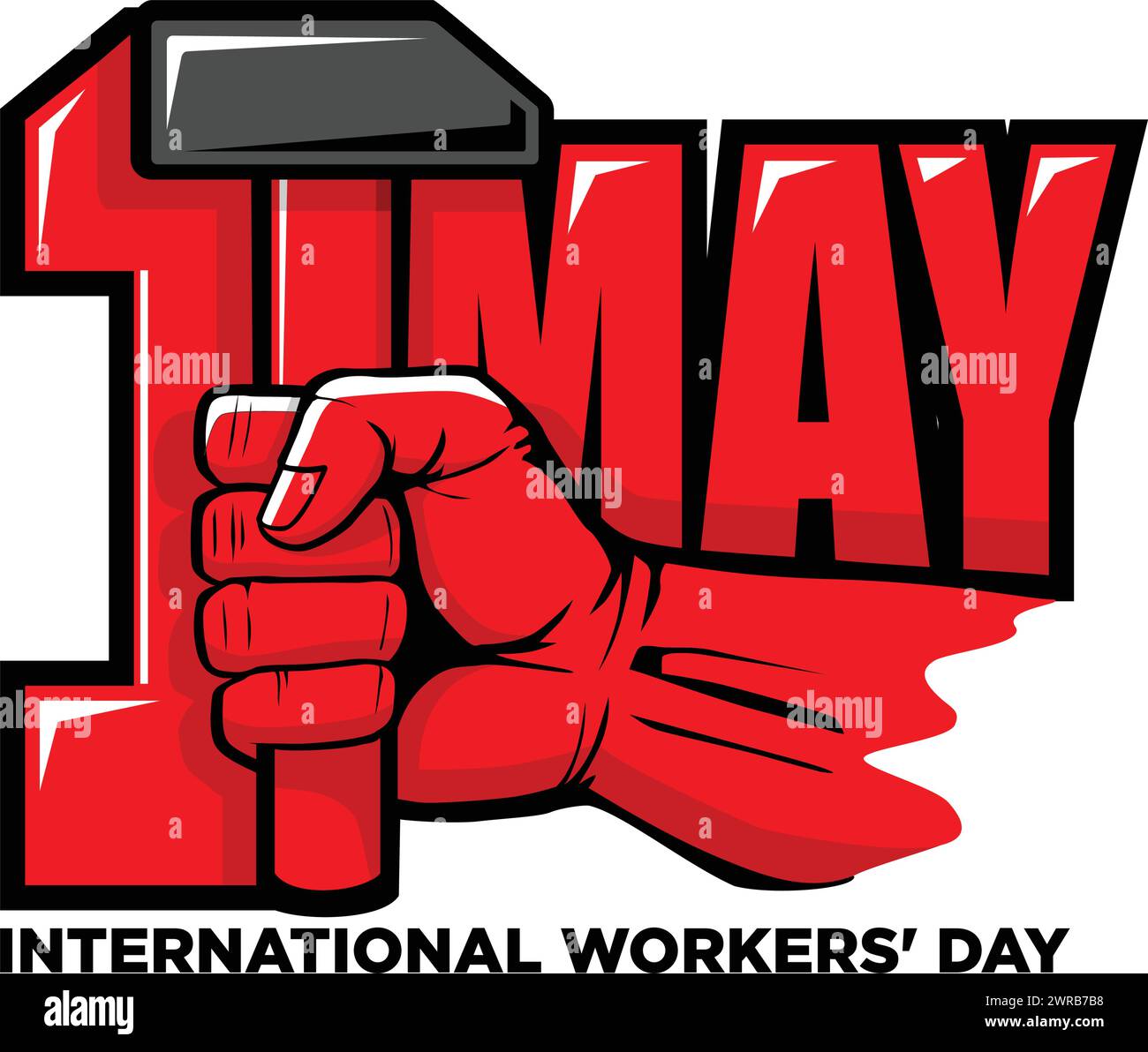 Red hand hold hammer. Labour day, May worker holiday. Vector on transparent background Stock Vector