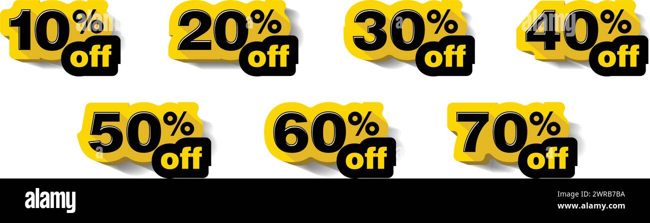 Percent off stickers set. Discounts numbers from 10% to 70%. Vector on transparent background Stock Vector