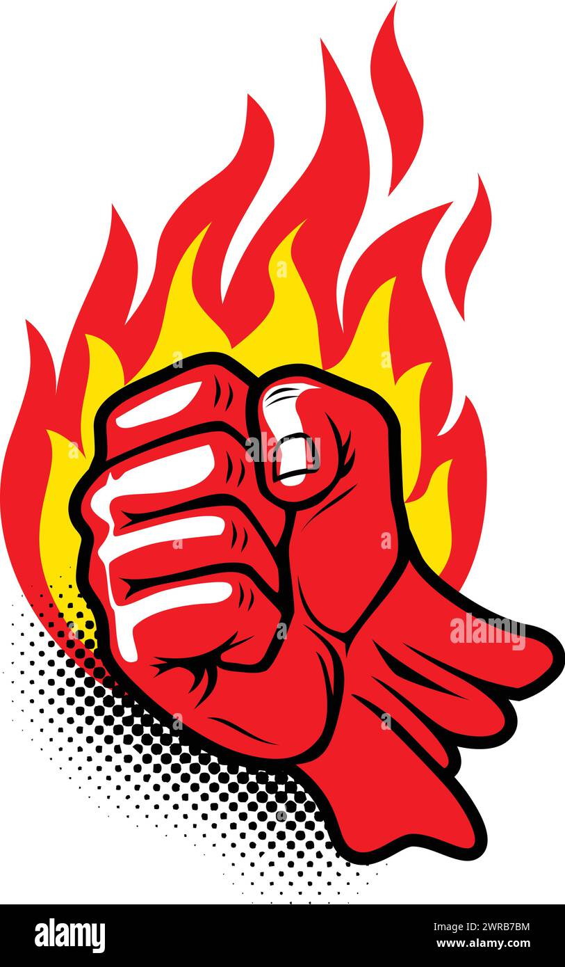 Flaming red fiery fist. Clenched fist in burning fire. Vector on transparent backgriund Stock Vector