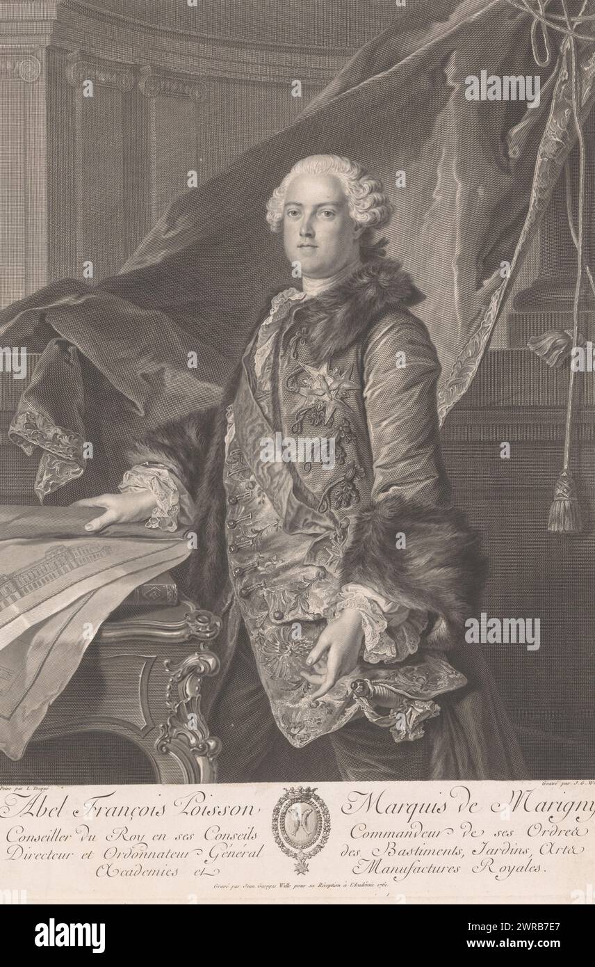 Portrait of Abel François Poisson, marquis de Marigny, print maker: Johann Georg Wille, after painting by: Louis Tocqué, France, 1761, paper, engraving, etching, height 495 mm × width 348 mm, print Stock Photo