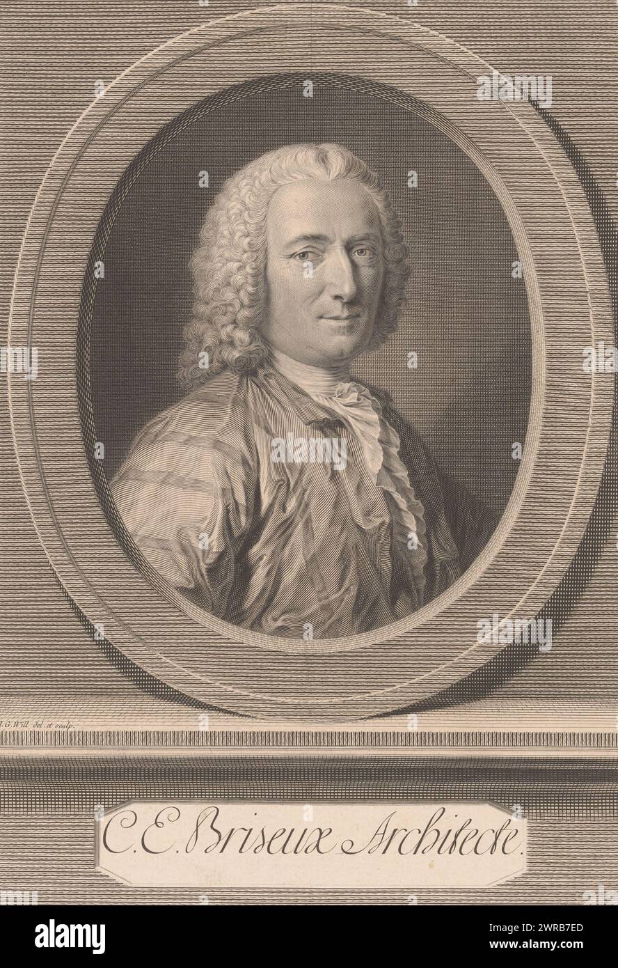 Portrait of Charles Étienne Briseux, print maker: Johann Georg Wille, after own design by: Johann Georg Wille, France, 1725 - 1808, paper, engraving, height 318 mm × width 225 mm, print Stock Photo