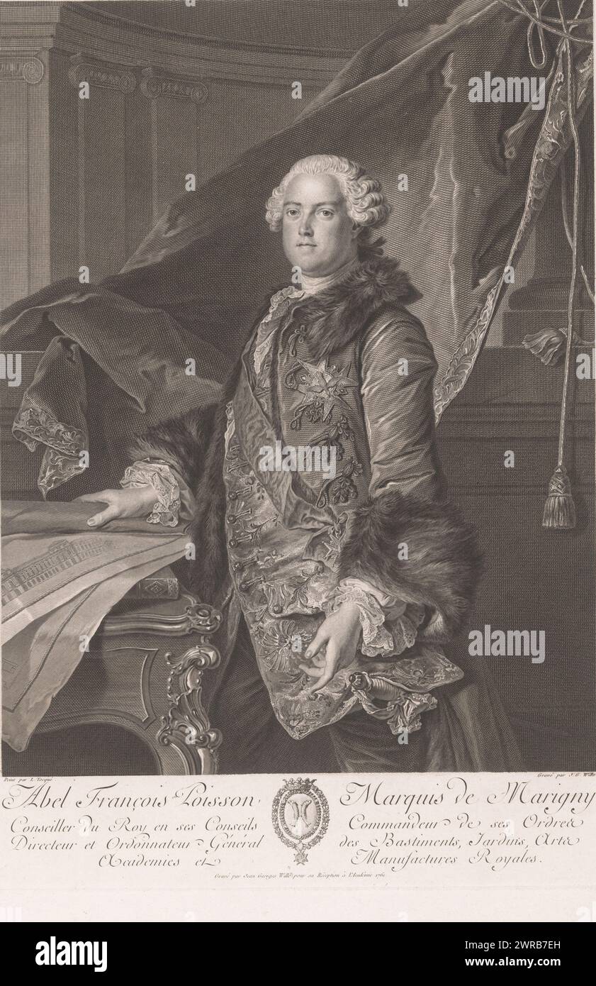 Portrait of Abel François Poisson, marquis de Marigny, print maker: Johann Georg Wille, after painting by: Louis Tocqué, France, 1761, paper, engraving, etching, height 495 mm × width 348 mm, print Stock Photo