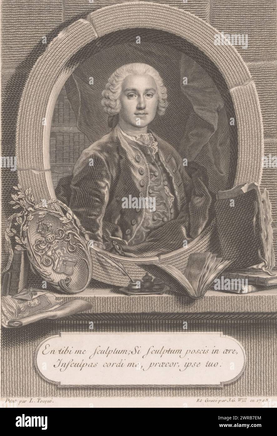 Portrait of Tycho de Hofman, print maker: Johann Georg Wille, after painting by: Louis Tocqué, print maker: France, after painting by: Paris, 1745, paper, engraving, height 177 mm × width 125 mm, print Stock Photo