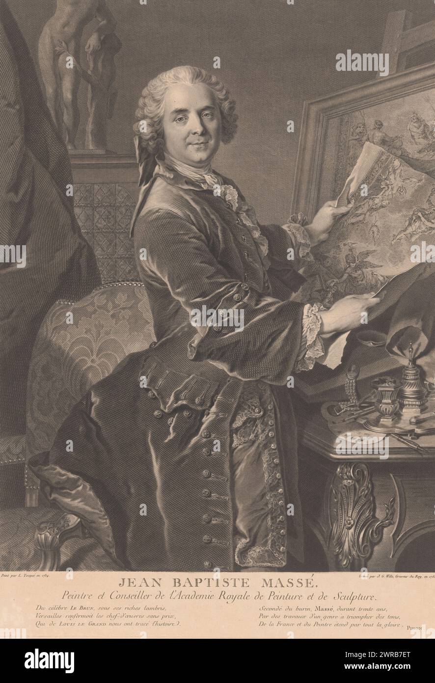 Portrait of Jean-Baptiste Massé, print maker: Johann Georg Wille, after painting by: Louis Tocqué, Piron, France, 1755, paper, engraving, height 495 mm × width 355 mm, print Stock Photo