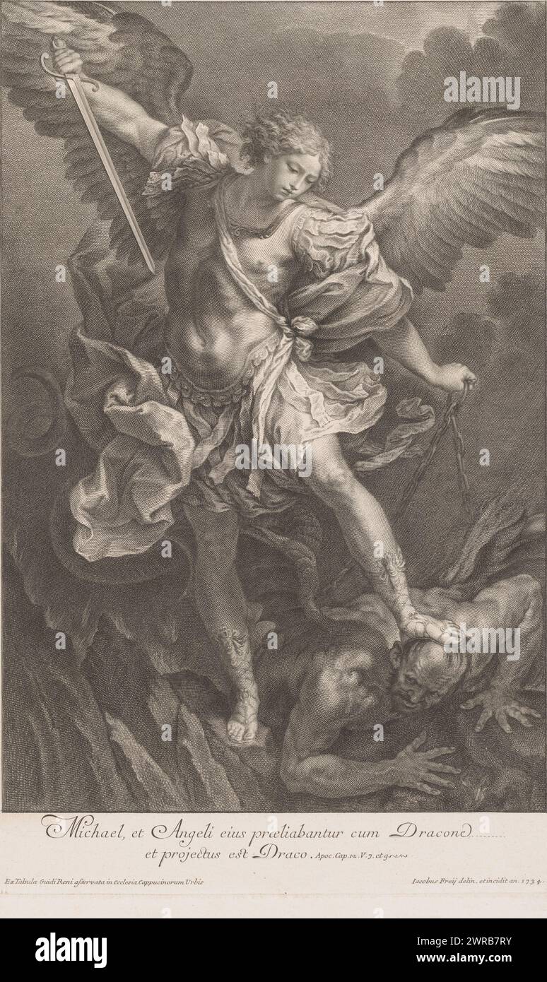Archangel Michael, With Bible passage in Latin., print maker: Jakob Frey (I), after drawing by: Jakob Frey (I), after painting by: Guido Reni, Santa Maria della Concezione dei Cappuccini, 1734, paper, etching, engraving, height 518 mm × width 327 mm, print Stock Photo