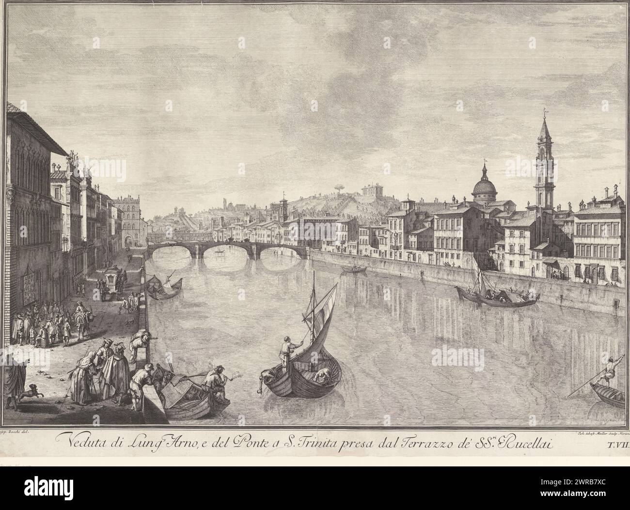 View of the Arno, the Ponte Santa Trinita and the dome and bell tower of the Basilica di Santo Spirito, Text in Latin in the lower margin., print maker: Johann Sebastian Müller, after drawing by: Giuseppe Zocchi, print maker: Neurenberg, after drawing by: Florence, 1744 - 1800, paper, etching, height 494 mm × width 685 mm, print Stock Photo
