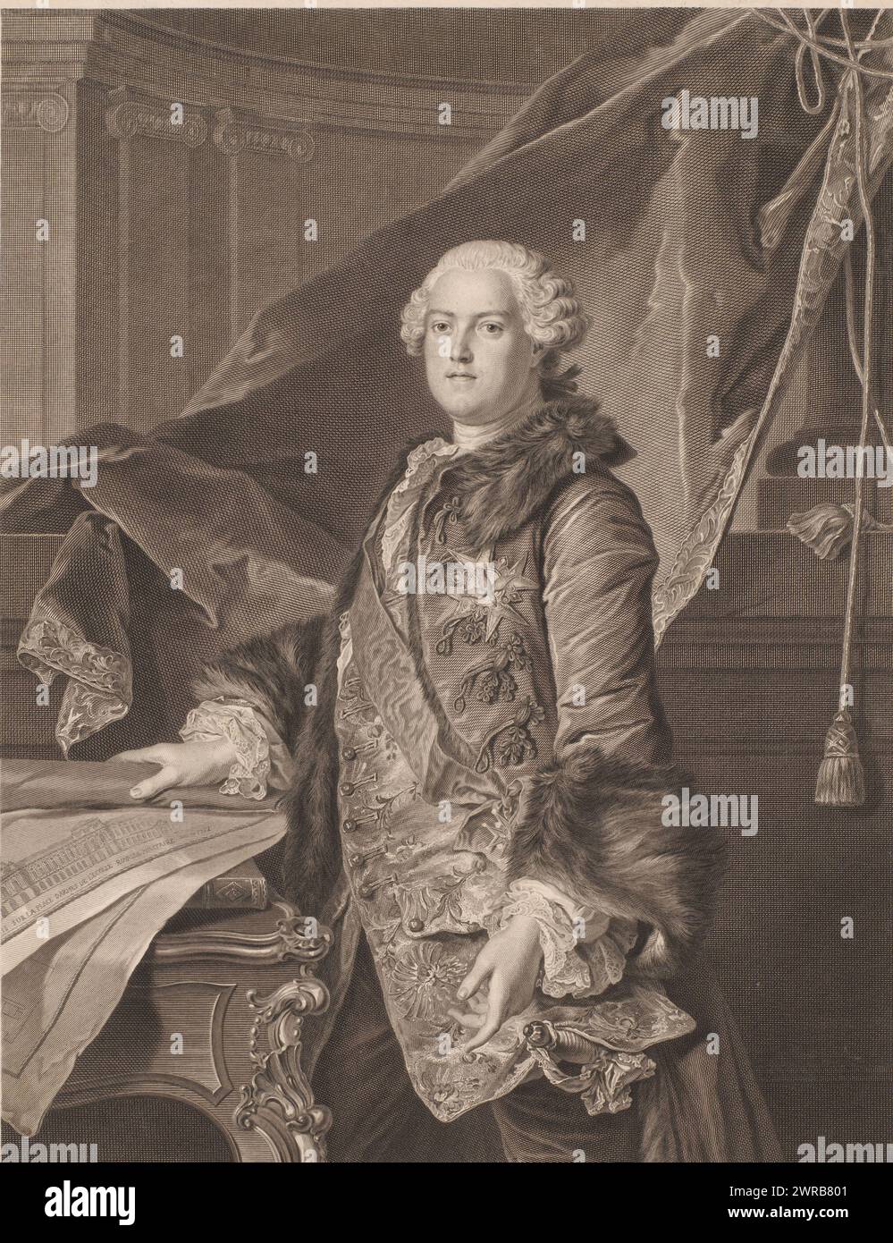 Portrait of Abel François Poisson de Vandières, print maker: Johann Georg Wille, after painting by: Louis Tocqué, 1761, paper, engraving, etching, height 492 mm × width 344 mm, print Stock Photo