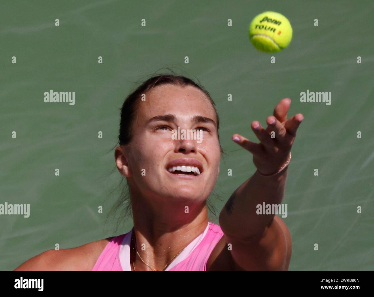 March 11, 2024 Aryna Sabalenka serves against Emma Raducanu of Great