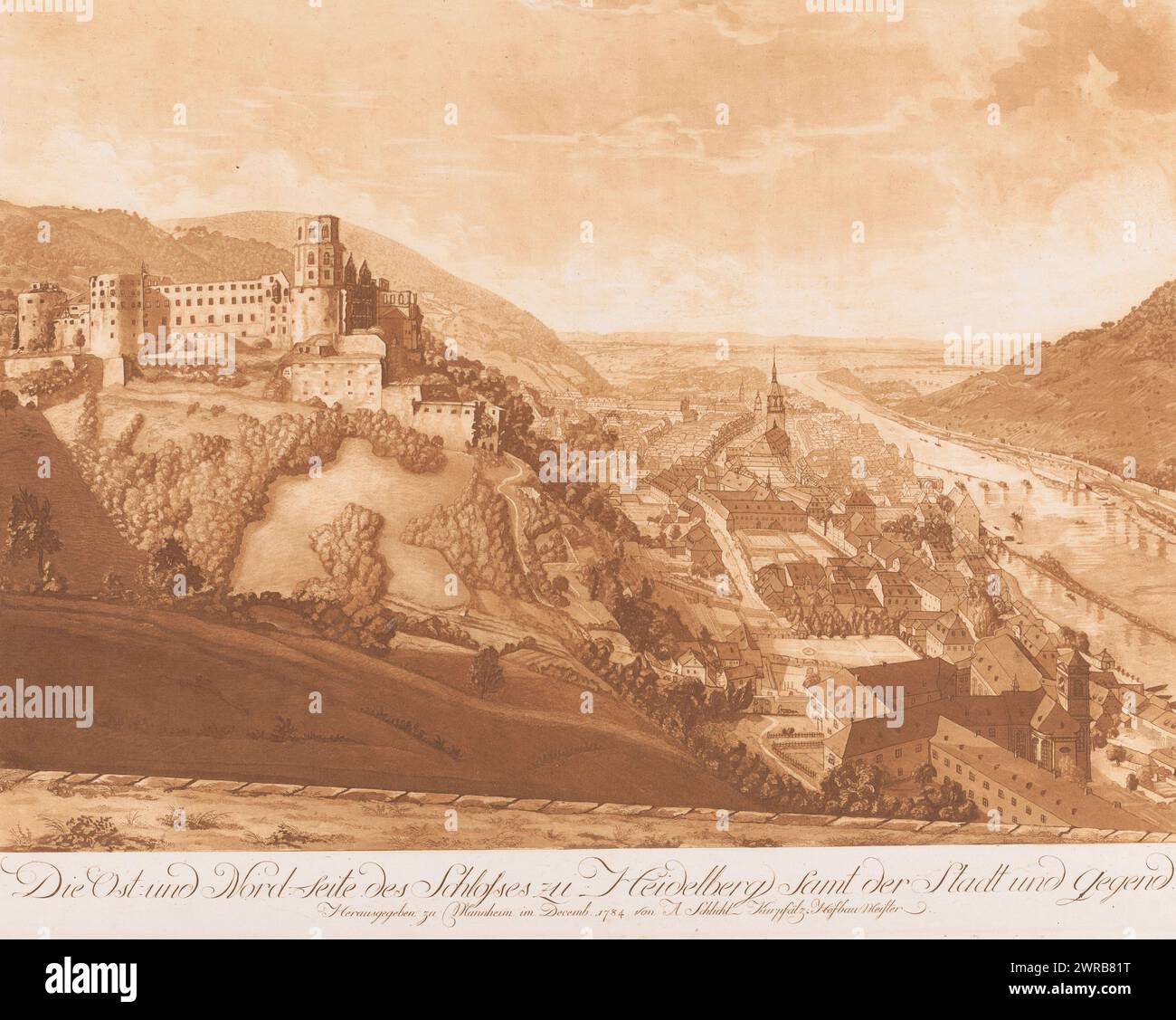 View of the northeast side of Heidelberg with Schloss Heidelberg on the left, The East and North view of the Schlosses zu Heidelberg together with the City and Gegend (title on object), print maker: Abel Schlicht, publisher: Abel Schlicht, Mannheim, 1784, paper, etching, height 488 mm × width 630 mm, print Stock Photo