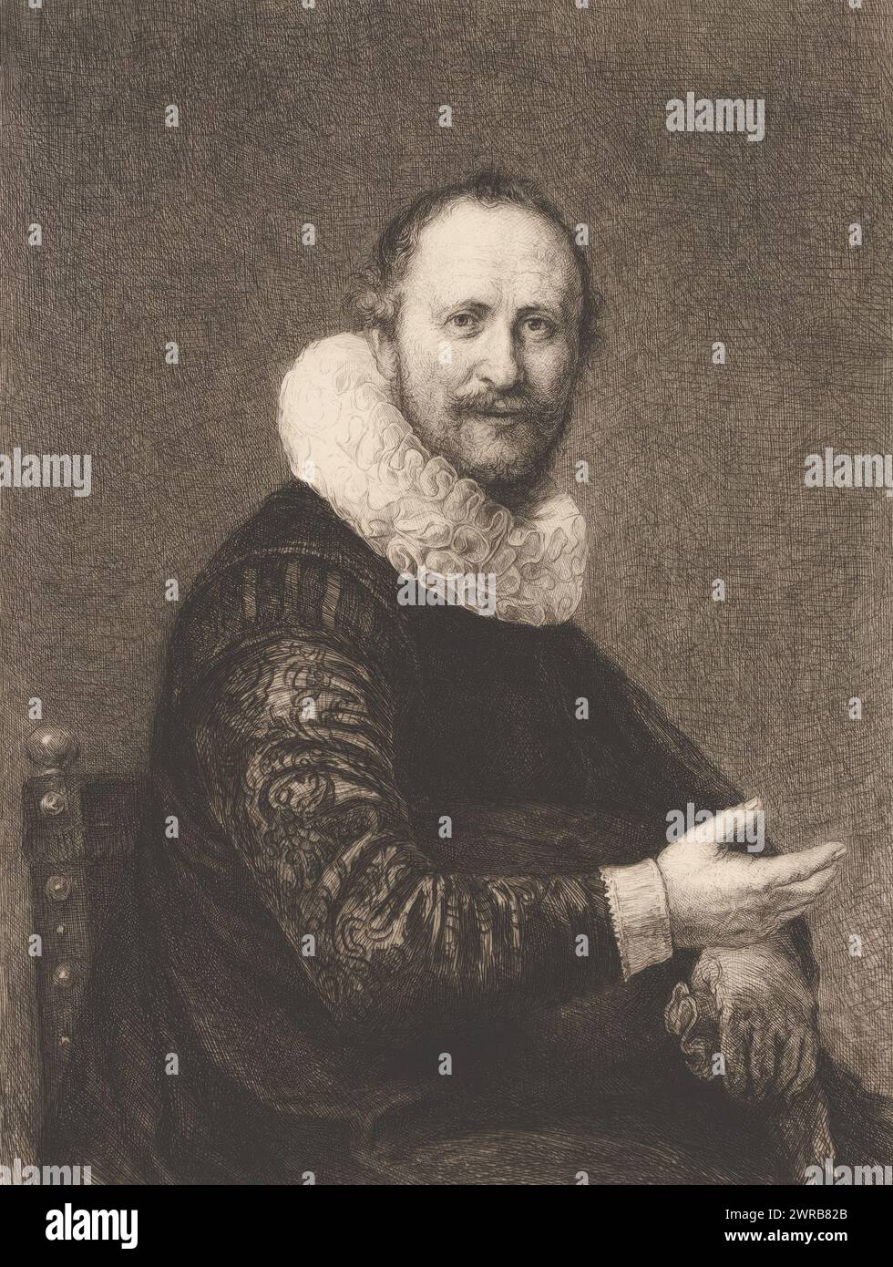 Portrait of an unknown man on a chair, Männliches Bildnis (title on object), print maker: William Unger, after painting by: Rembrandt van Rijn, printer: A. Pisani, Vienna, 1861 - 1889, paper, etching, height 318 mm × width 236 mm, print Stock Photo