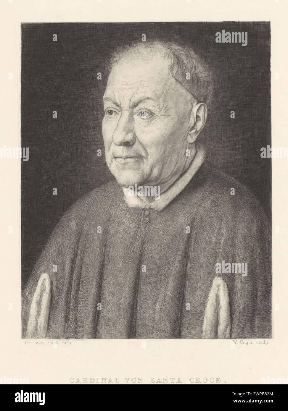 Portrait of Cardinal Niccolò Albergati, print maker: William Unger, after painting by: Jan van Eyck, printer: A. Pisani, Vienna, 1861 - 1889, paper, etching, height 268 mm, print Stock Photo