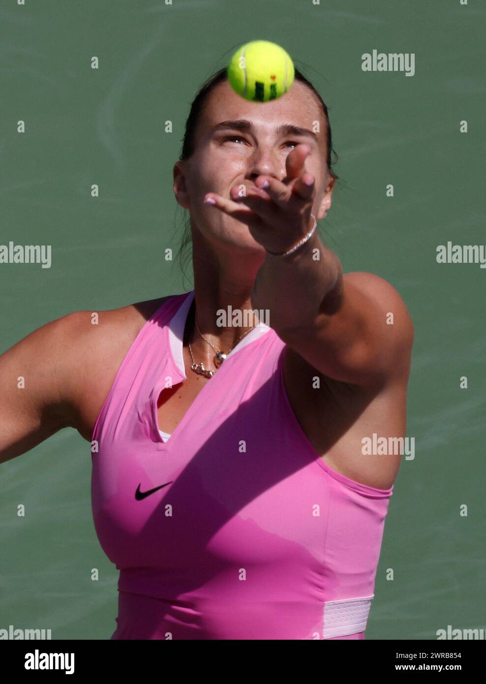 March 11, 2024 Aryna Sabalenka serves against Emma Raducanu of Great