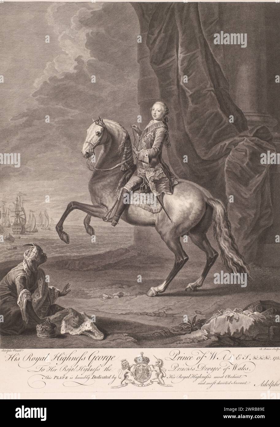 Portrait of George III of the United Kingdom, print maker: Bernard Baron, after painting by: Joseph Anton Adolph, Joseph Anton Adolph, 1755, paper, etching, engraving, height 639 mm × width 481 mm, print Stock Photo