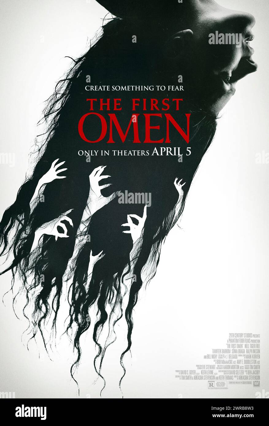 The First Omen (2024) directed by Arkasha Stevenson and starring Nell Tiger Free, Bill Nighy and Ralph Ineson. A young American woman is sent to Rome to begin a life of service to the church, but encounters a darkness that causes her to question her faith and uncovers a terrifying conspiracy that hopes to bring about the birth of evil incarnate. US one sheet poster ***EDITORIAL USE ONLY***. Credit: BFA / 20th Century Studios Stock Photo