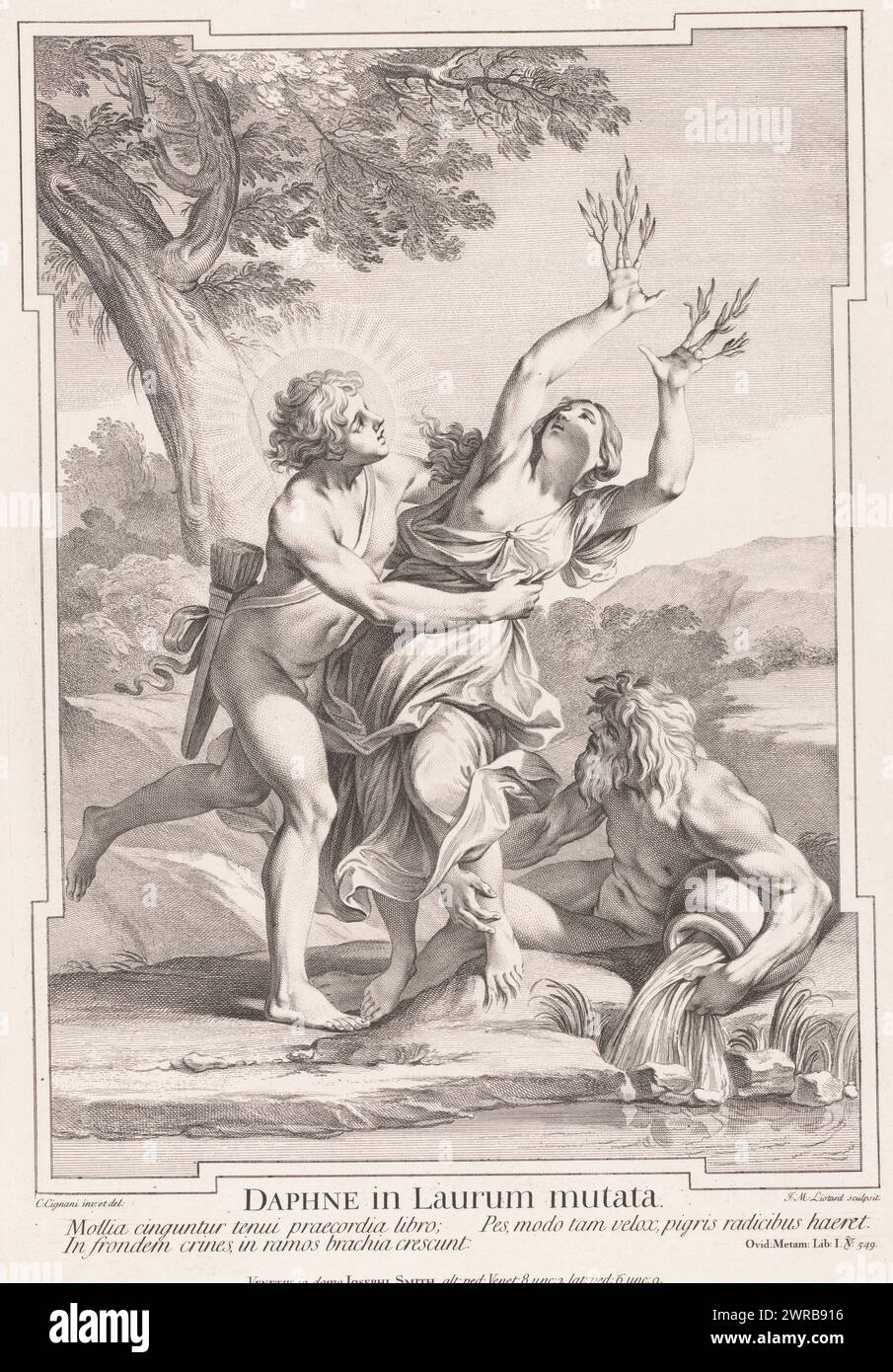 Apollo and Daphne, Daphne in Laurum mutata (title on object), Prints after works by Carlo Cignani (series title), Monochromata Septem Caroli Cignanti Bononiensis (...) (series title), print maker: Jean Michel Liotard, after drawing by: Carlo Cignani, Publius Ovidius Naso, Venice, 1743, paper, etching, engraving, height 501 mm × width 350 mm, print Stock Photo