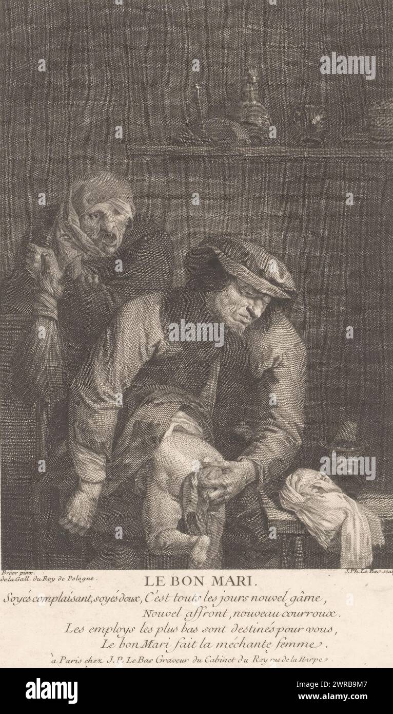 Good husband changes his child, Le Bon Mari (title on object), Interior with a man, woman and a child. The man is changing his child., print maker: Jacques-Philippe Le Bas, after painting by: Adriaen Brouwer, publisher: Jacques-Philippe Le Bas, Paris, 1717 - 1783, paper, etching, height 242 mm × width 160 mm, print Stock Photo