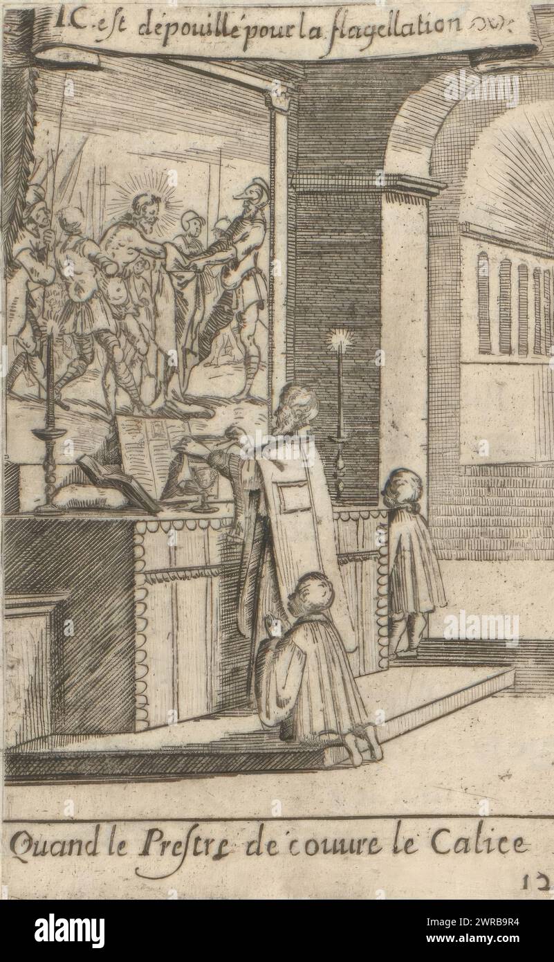 Priest with two altar boys in front of an altar, Quand le Prestre découvre le Calice (title on object), Numbered bottom right: 12., print maker: Sébastien Leclerc (I), Lodewijk XIV (koning van Frankrijk), France, 1661, paper, etching, letterpress printing, height 84 mm × width 52 mm, print Stock Photo
