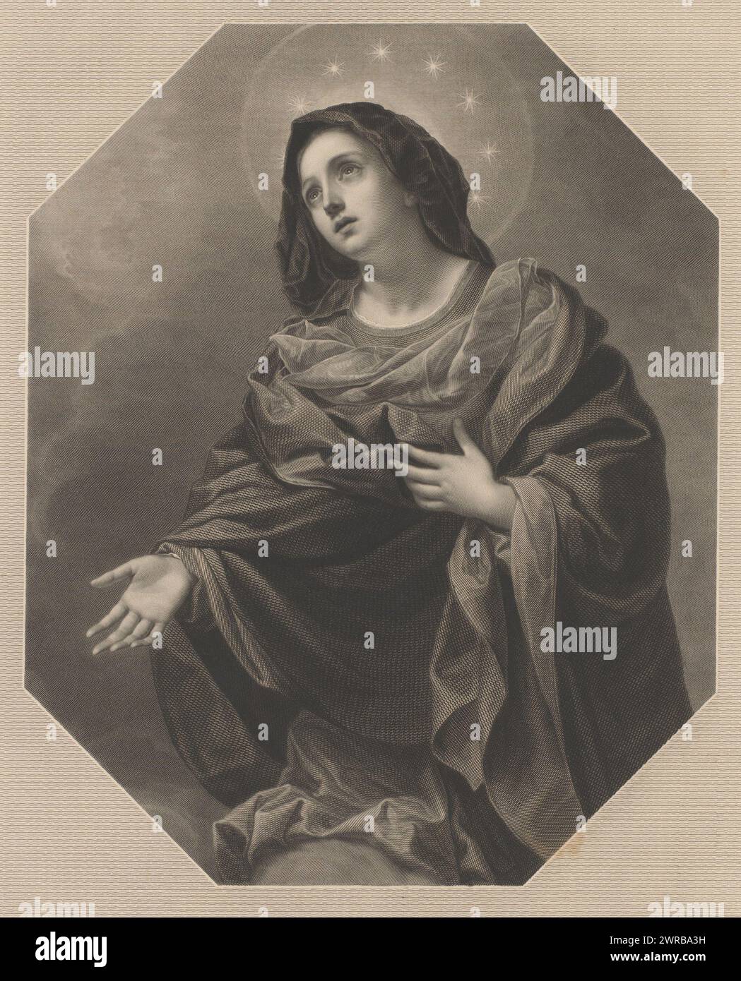Maria as Mater Dolorosa, Text in Italian in the bottom margin., print maker: Eduard Mandel, after painting by: Carlo Dolci, printer: Thomas Ross & Sons, print maker: Berlin, printer: London, publisher: London, 1848, paper, etching, engraving, height 438 mm × width 348 mm, print Stock Photo