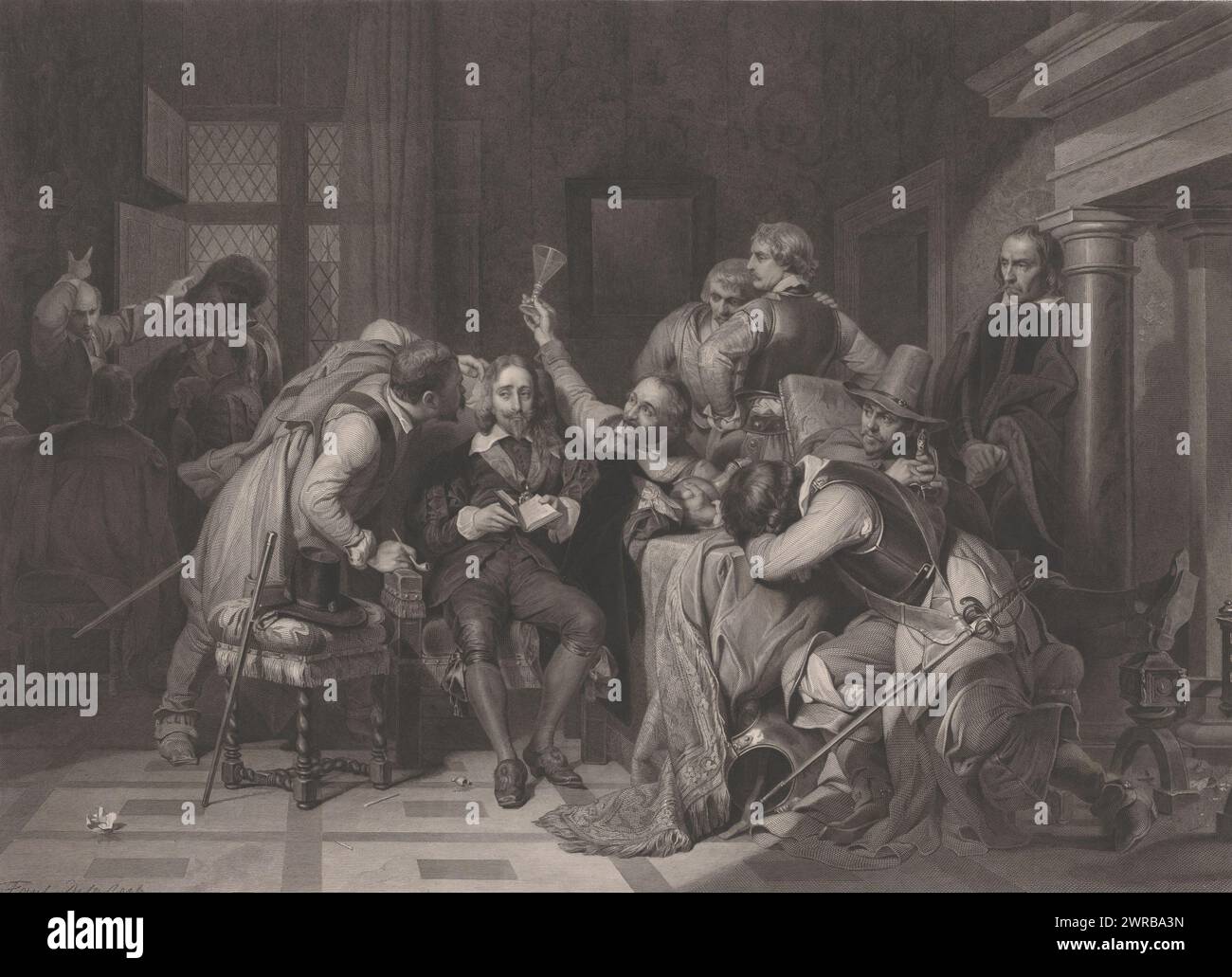 Interior with a reading man among drunken figures, print maker: Achille Louis Martinet, after painting by: Paul Delaroche, printer: Bougeard, Paris, 1816 - 1877, paper, steel engraving, height 466 mm × width 587 mm, print Stock Photo