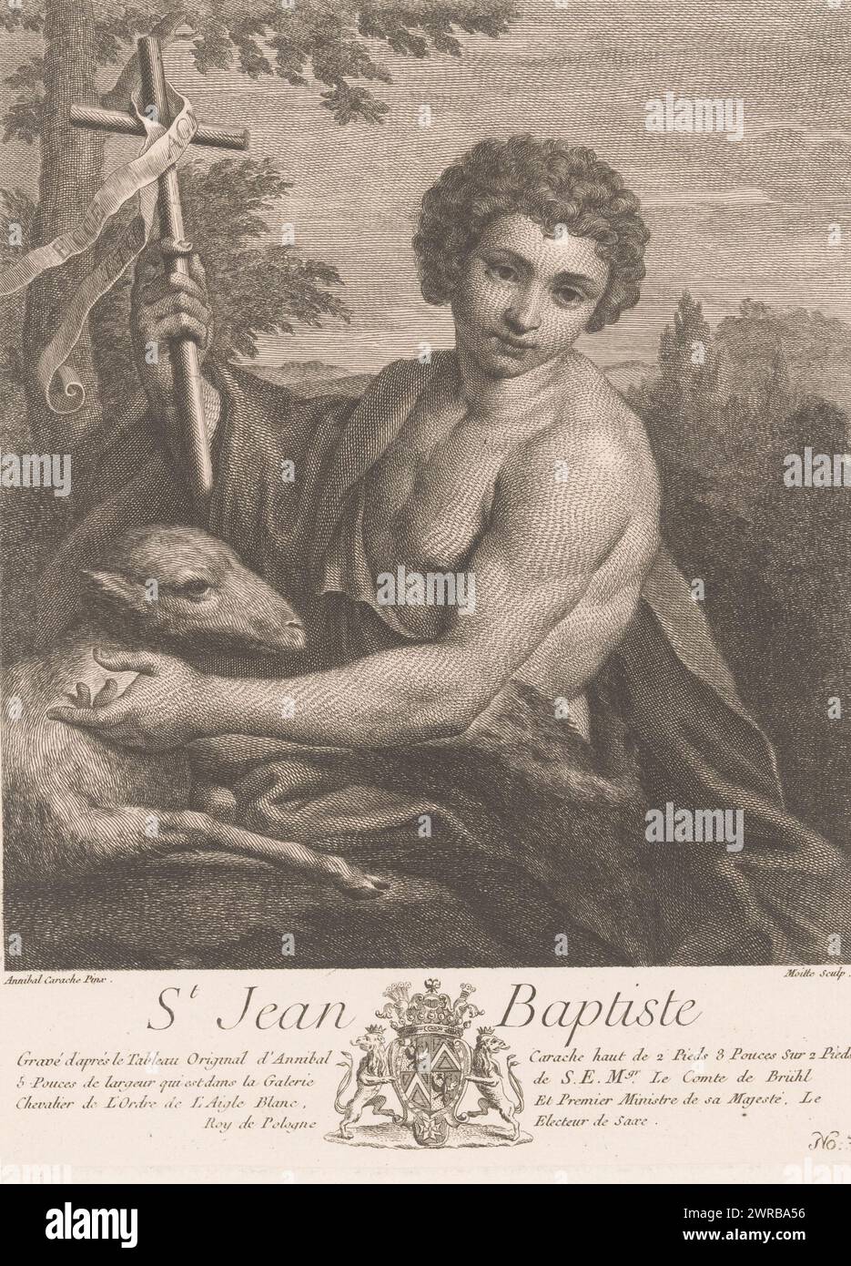 H. John the Baptist, Etchings after paintings from the Brühl collection (series title), Recueil d'estampes engravées d'après les tableaux de la Galerie de S.E.M. le Comte de Brühl (series title), Numbered bottom right: 38., print maker: Pierre Etienne Moitte, after painting by: Annibale Carracci, 1754, paper, engraving, etching, height 276 mm × width 209 mm, print Stock Photo